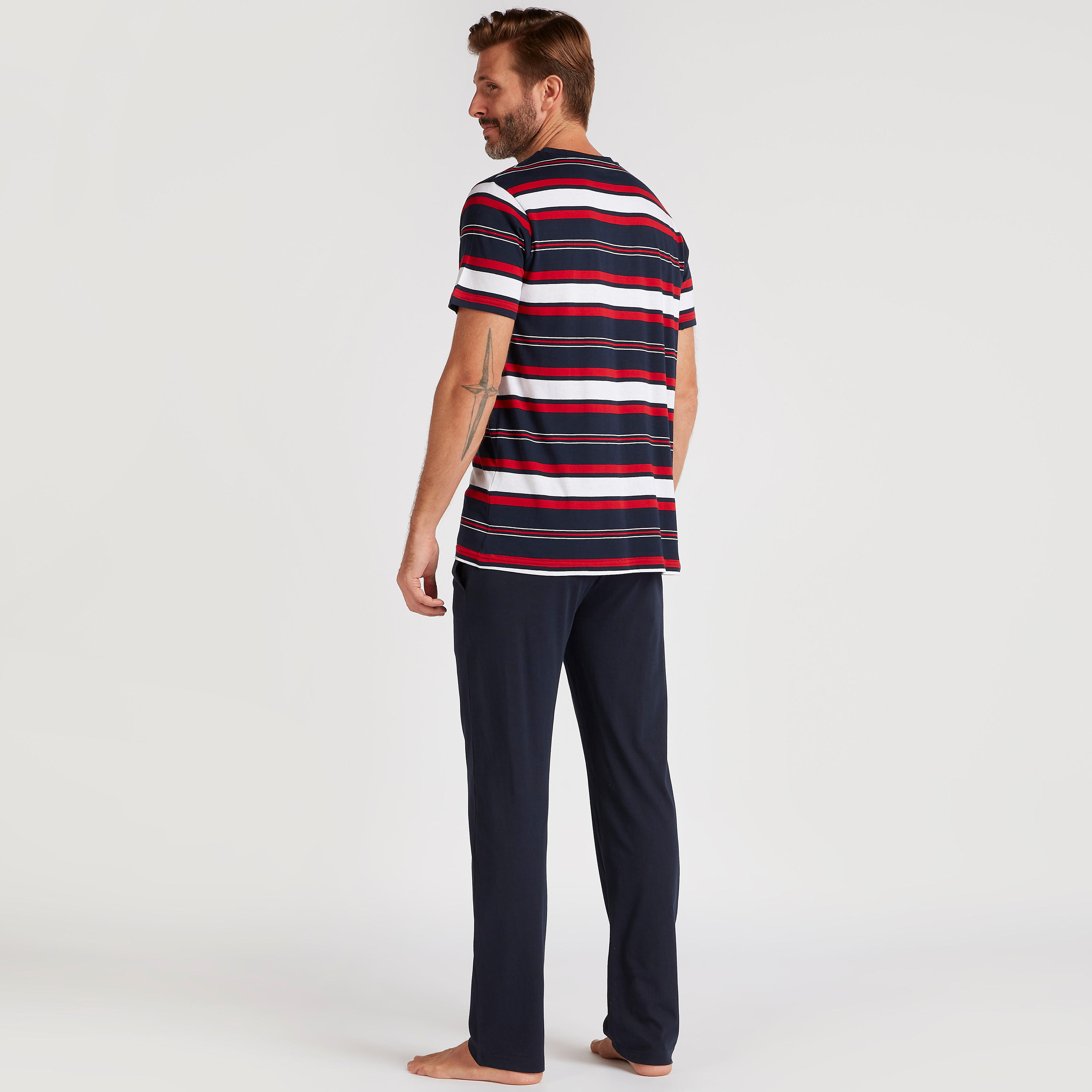 Striped Crew Neck T-shirt and Solid Pyjama Set-men-clothing-nightwear-sets-image-3
