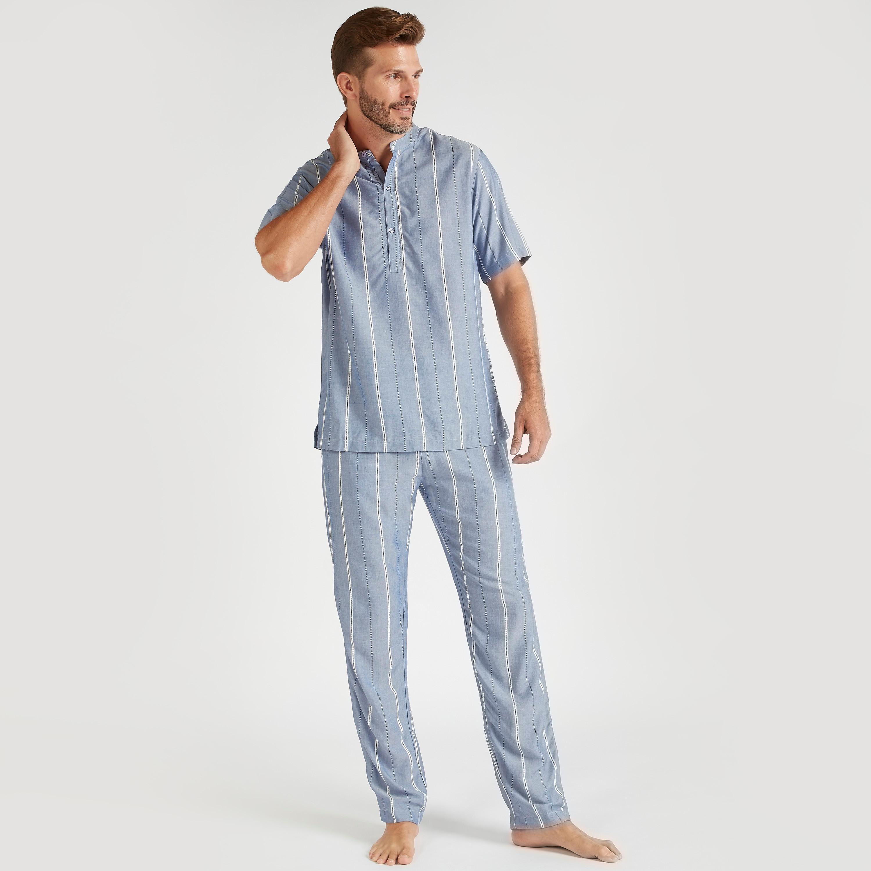طقم مستدام بنطلون بيجاما طويل وقميص مقلّم بياقة ماندارين-men-clothing-nightwear-sets-image-1