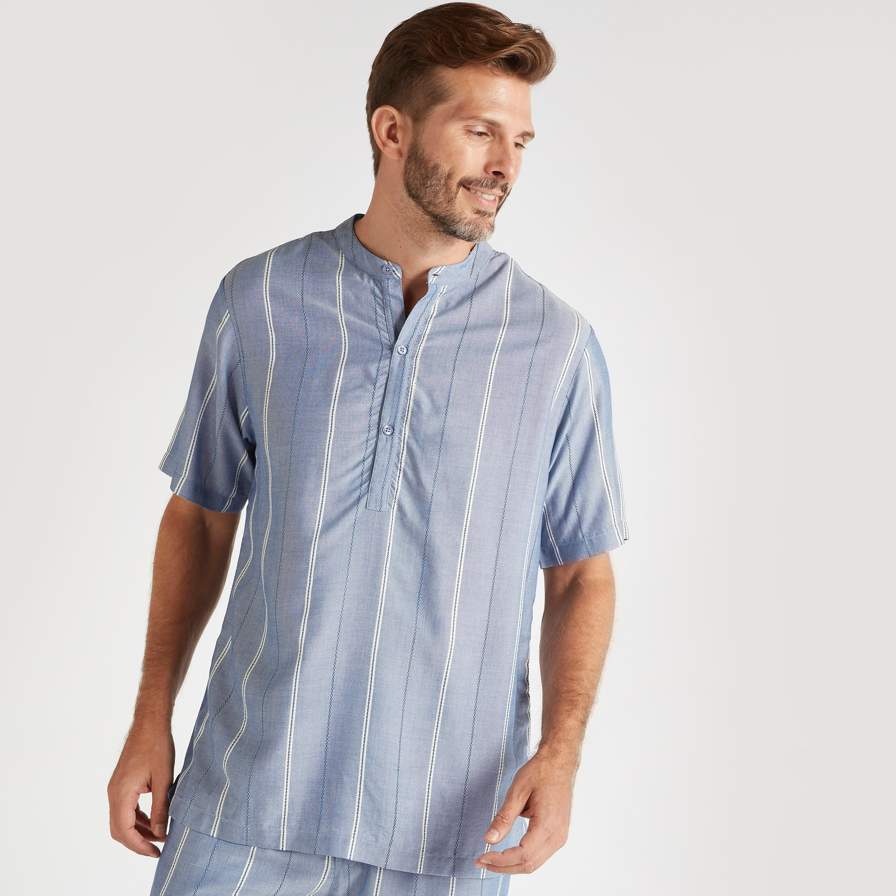 طقم مستدام بنطلون بيجاما طويل وقميص مقلّم بياقة ماندارين-men-clothing-nightwear-sets-image-2