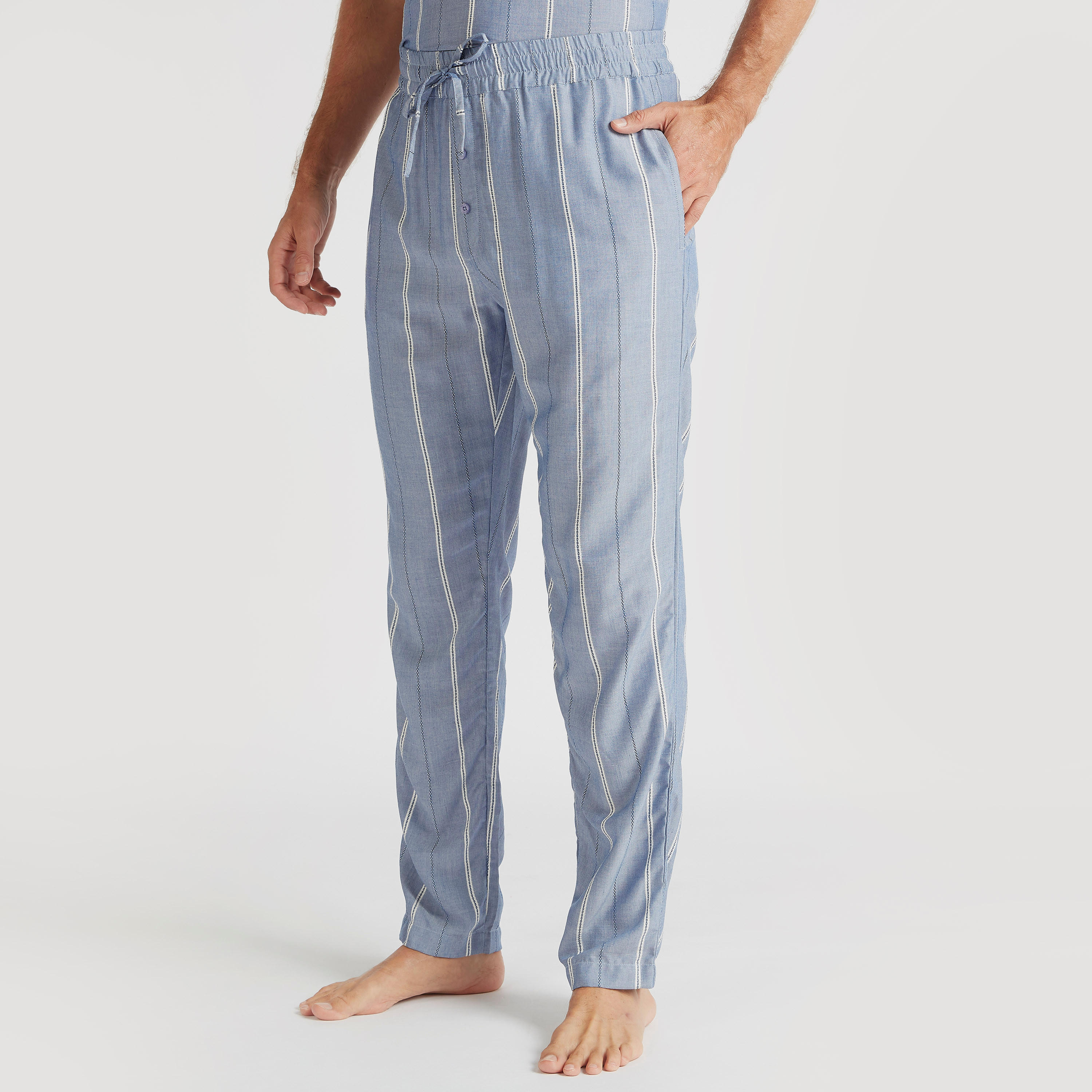 طقم مستدام بنطلون بيجاما طويل وقميص مقلّم بياقة ماندارين-men-clothing-nightwear-sets-image-4