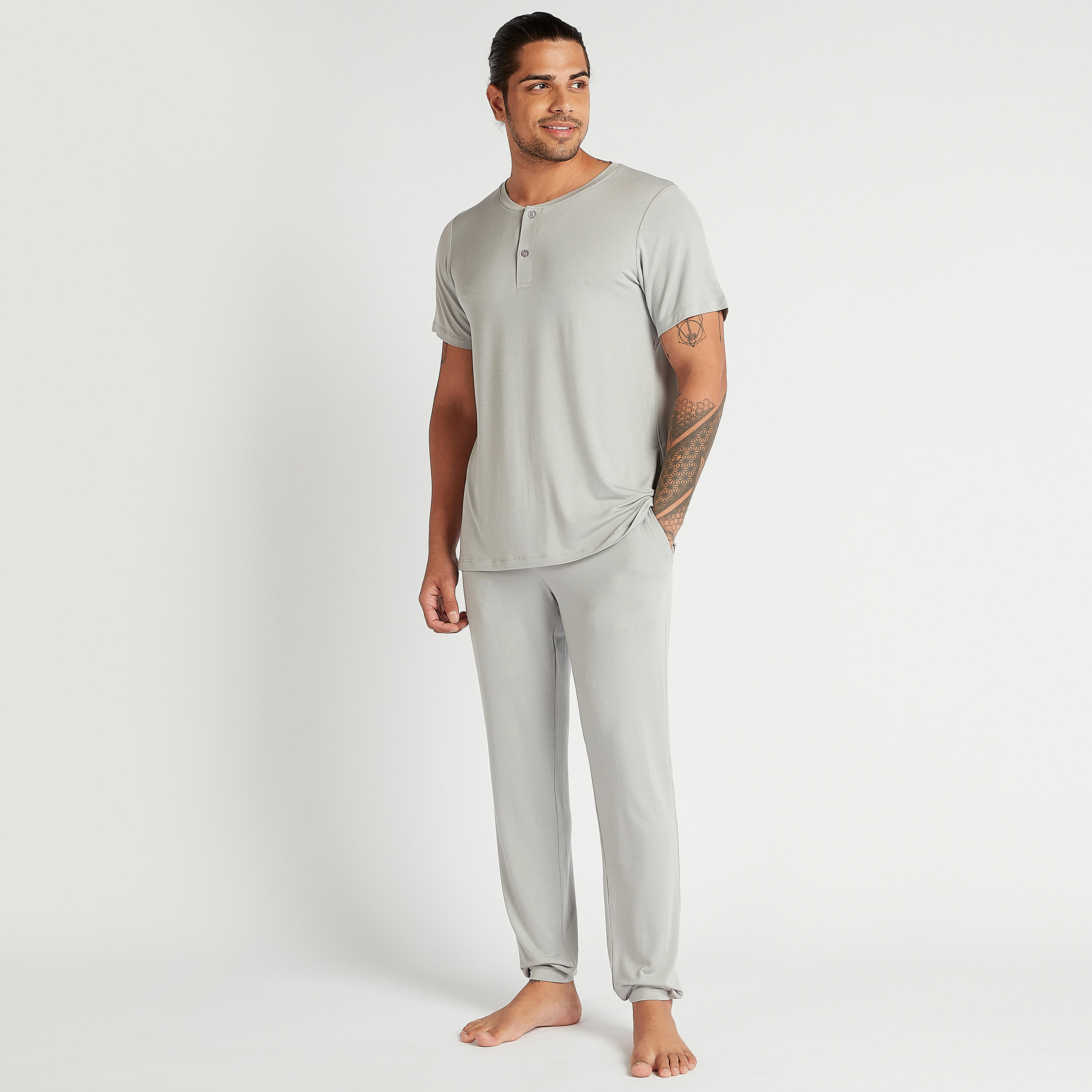 Solid Henley Neck T-shirt and Full Length Pyjama Set-men-clothing-nightwear-sets-image-2