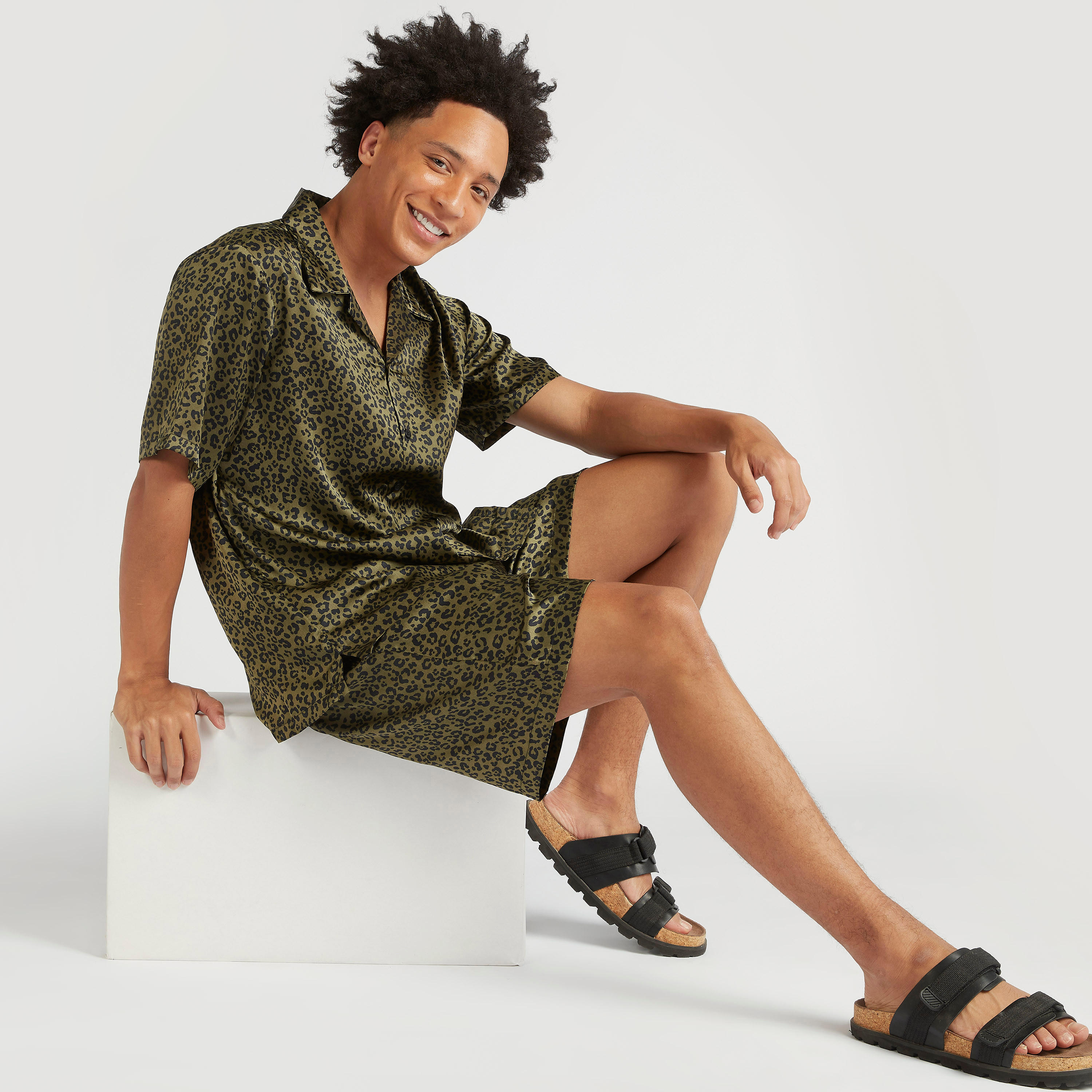 Animal Print Camp Collar Shirt and Shorts Set-men-clothing-nightwear-sets-image-1