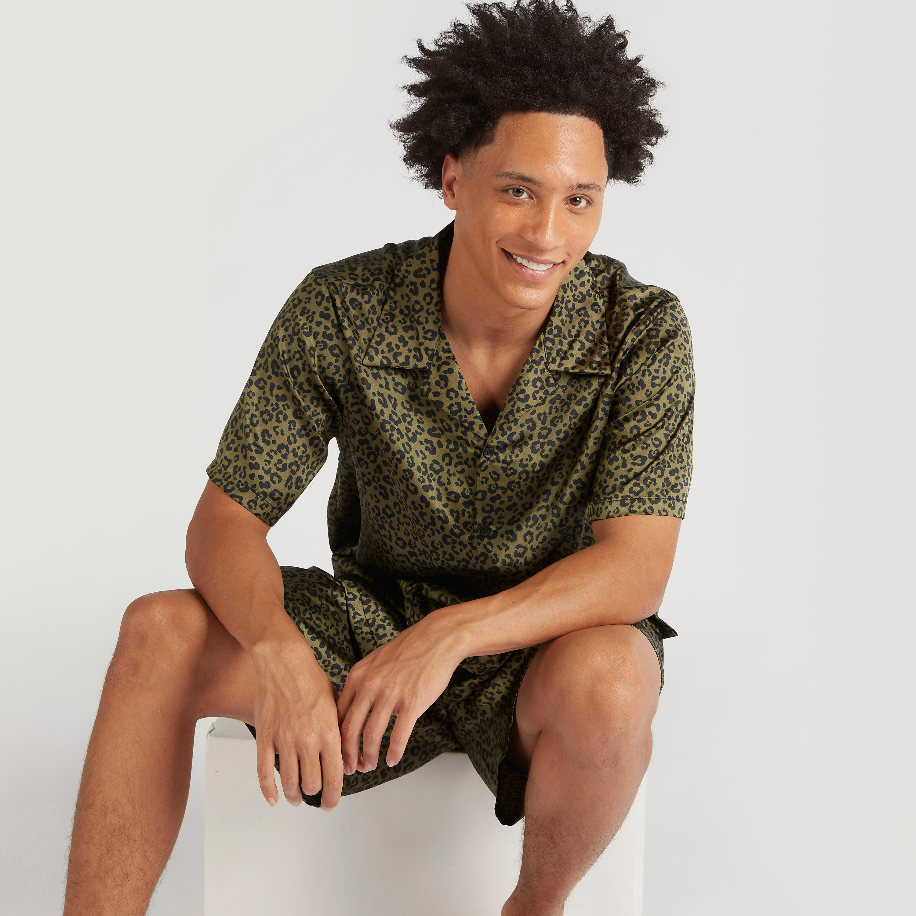 Animal Print Camp Collar Shirt and Shorts Set-men-clothing-nightwear-sets-image-3