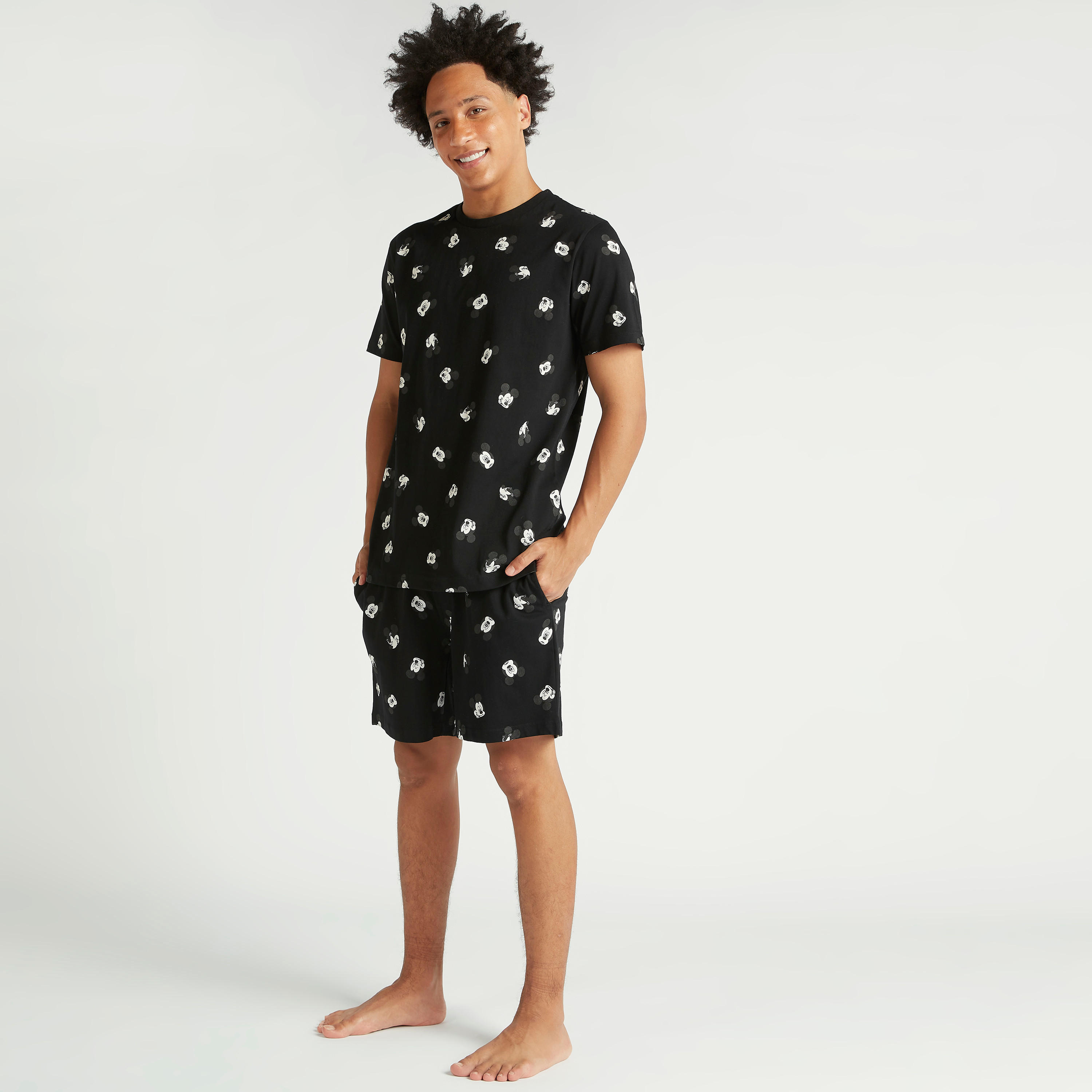 All Over Mickey Mouse Print Crew Neck T-shirt and Shorts Set-men-clothing-nightwear-sets-image-1