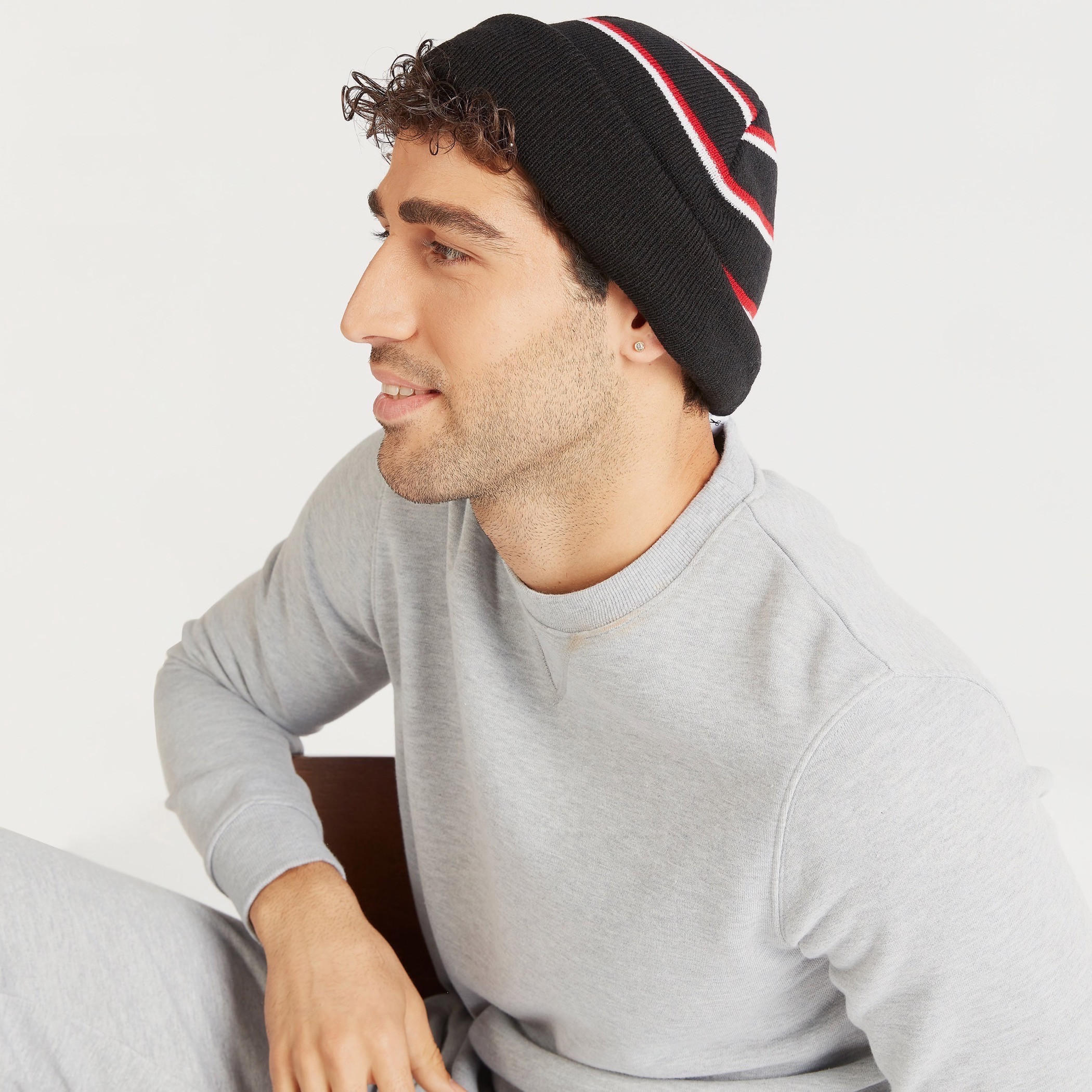 Striped Beanie with Cuffed Hem-men-caps-image-2