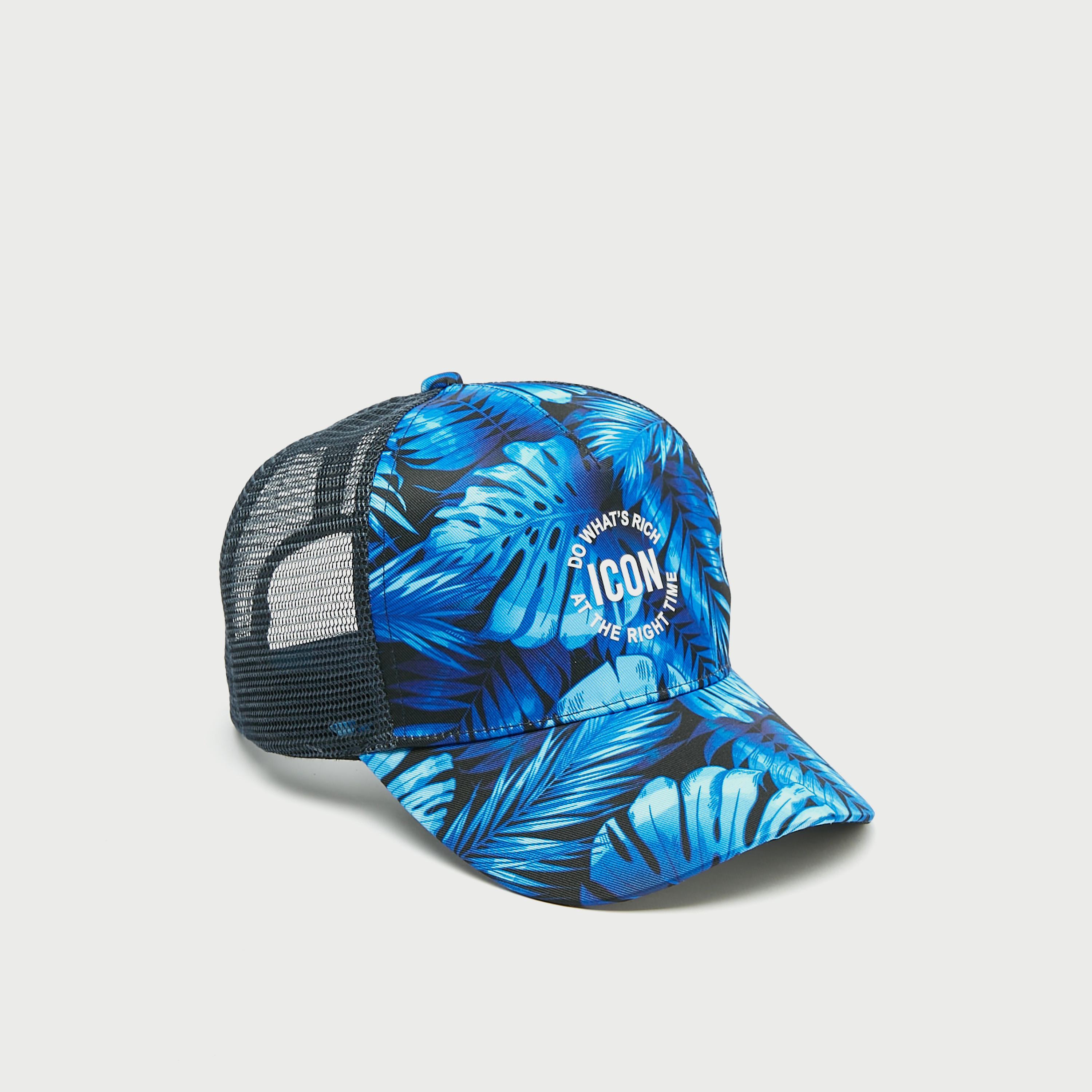 Leaf Print Cap with Mesh Panels and Buckled Strap Closure-men-caps-image-1