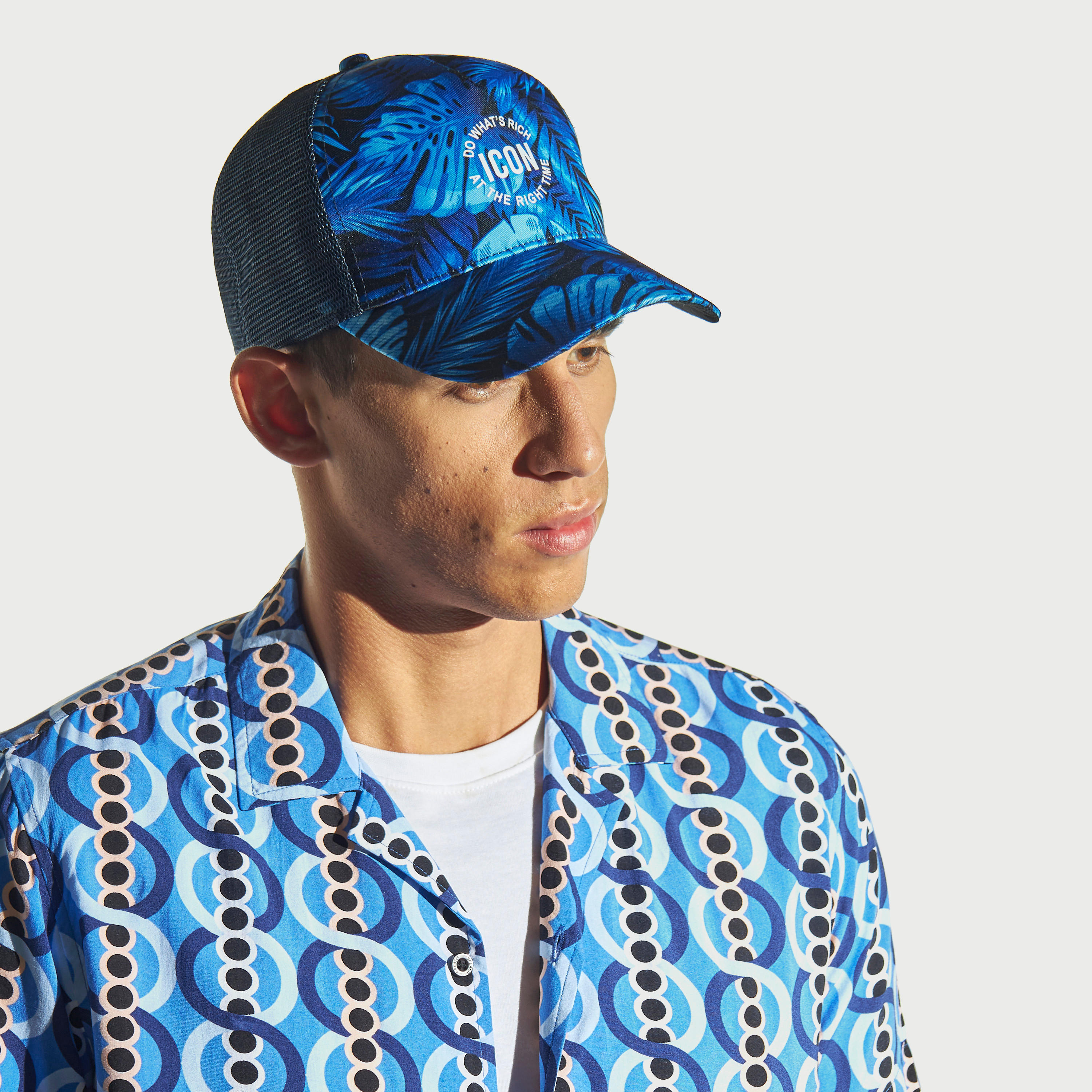 Leaf Print Cap with Mesh Panels and Buckled Strap Closure-men-caps-image-2