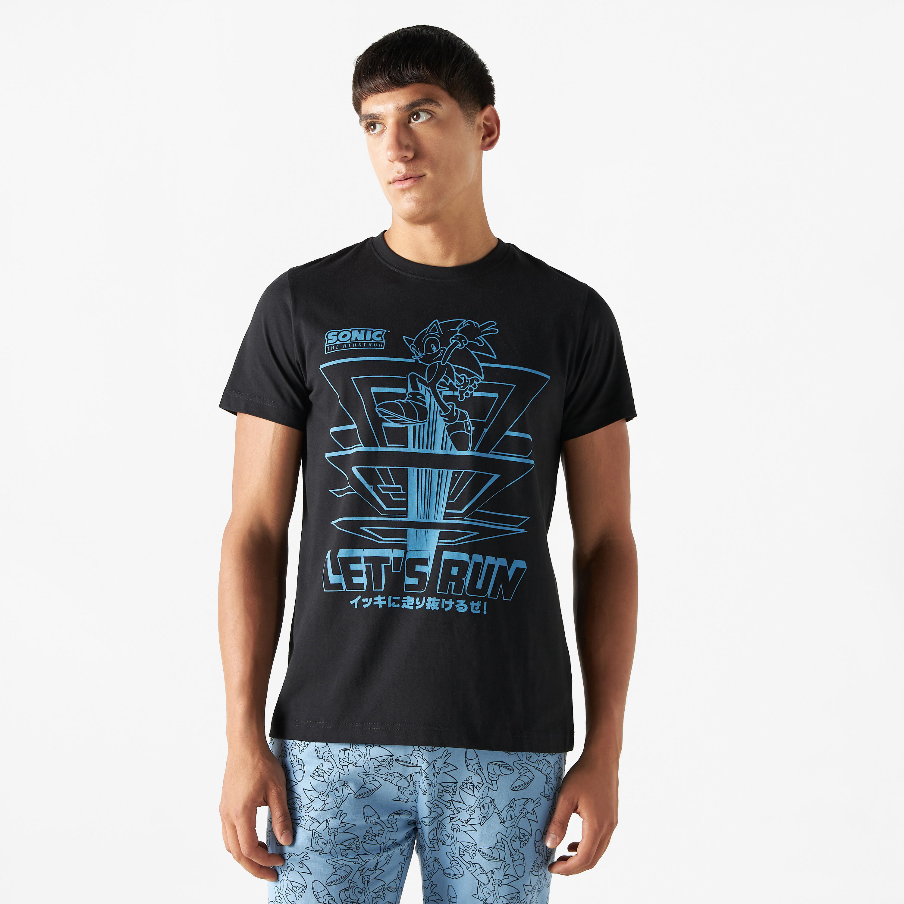 طقم بنطلون بيجاما وتيشيرت بياقة ضيقة وطبعات سونيك-men-clothing-nightwear-sets-image-1