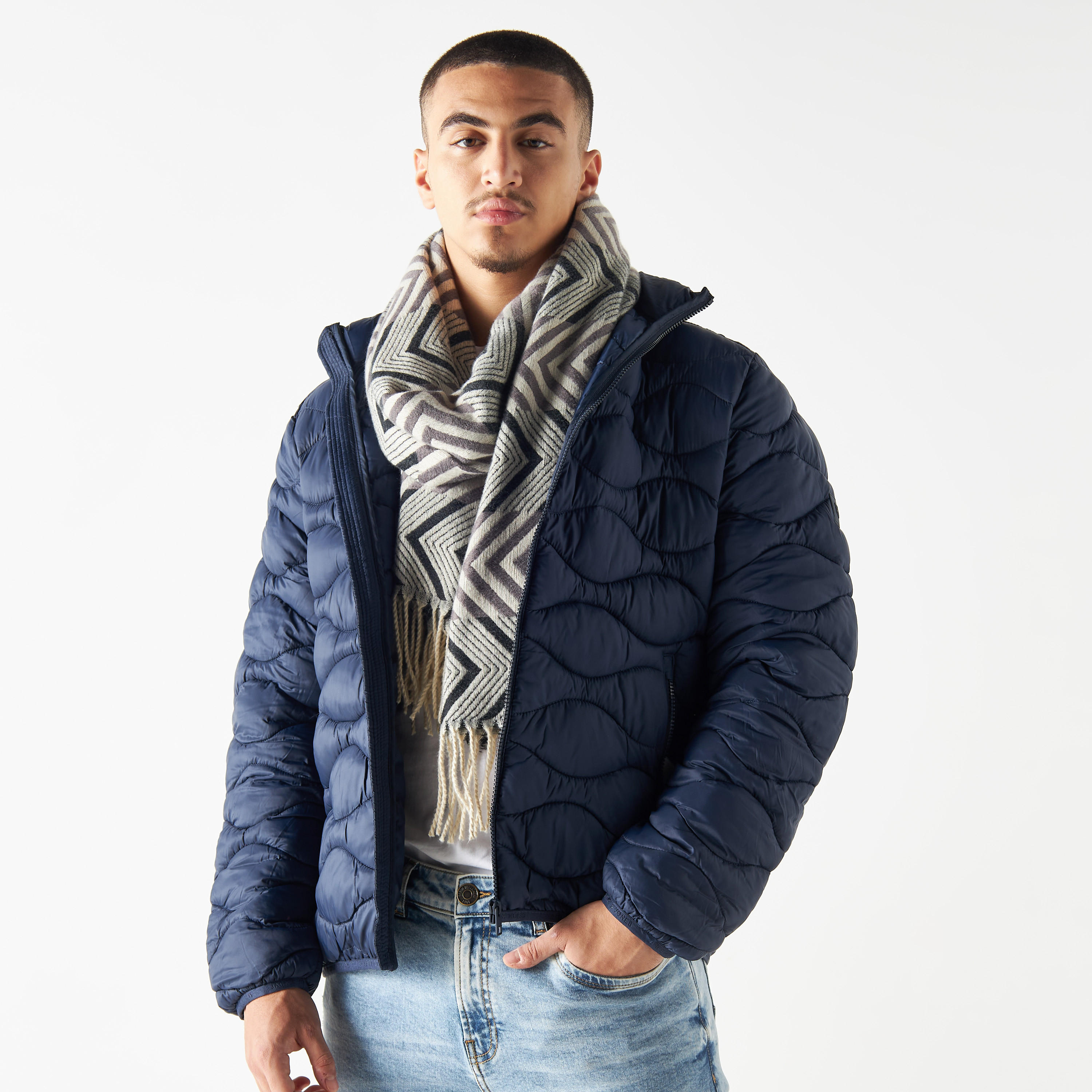 Chevron Textured Scarf with Tassels-men-scarvesandgloves-image-2