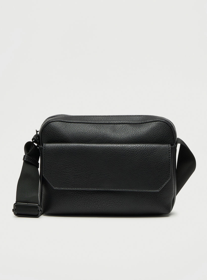 Textured Crossbody Bag with Adjustable Strap and Zip Closure-men-bags-image-1