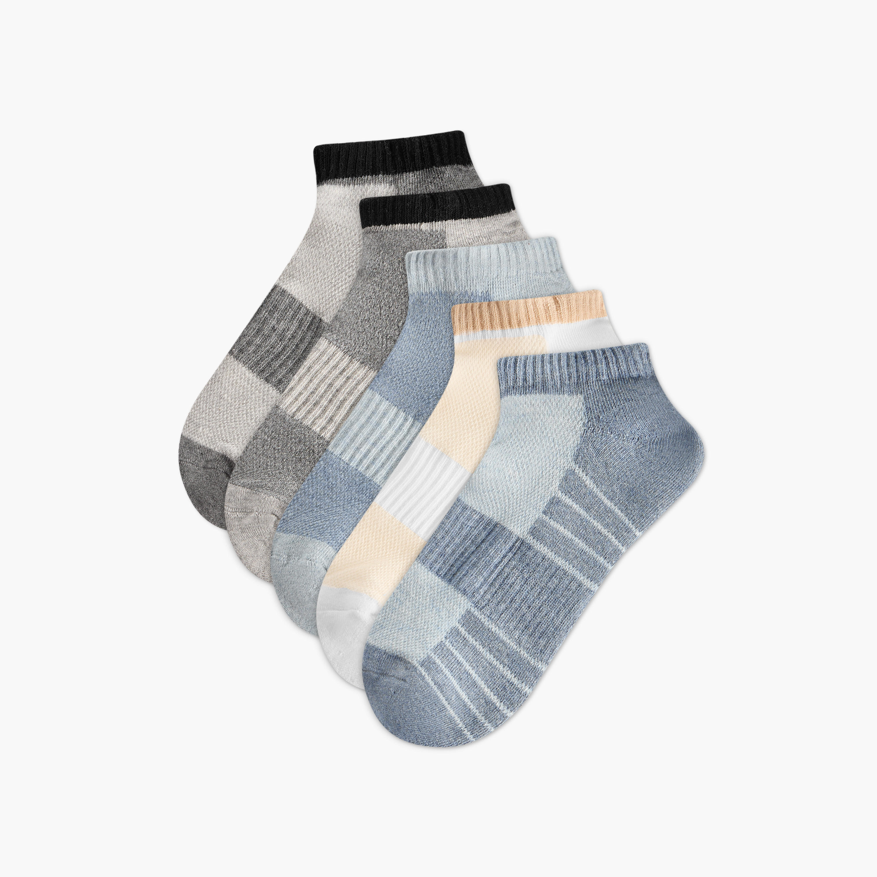 طقم جوارب 5 أزواج مخططة نصف تيري بطول الكاحل-men-socks-image-1