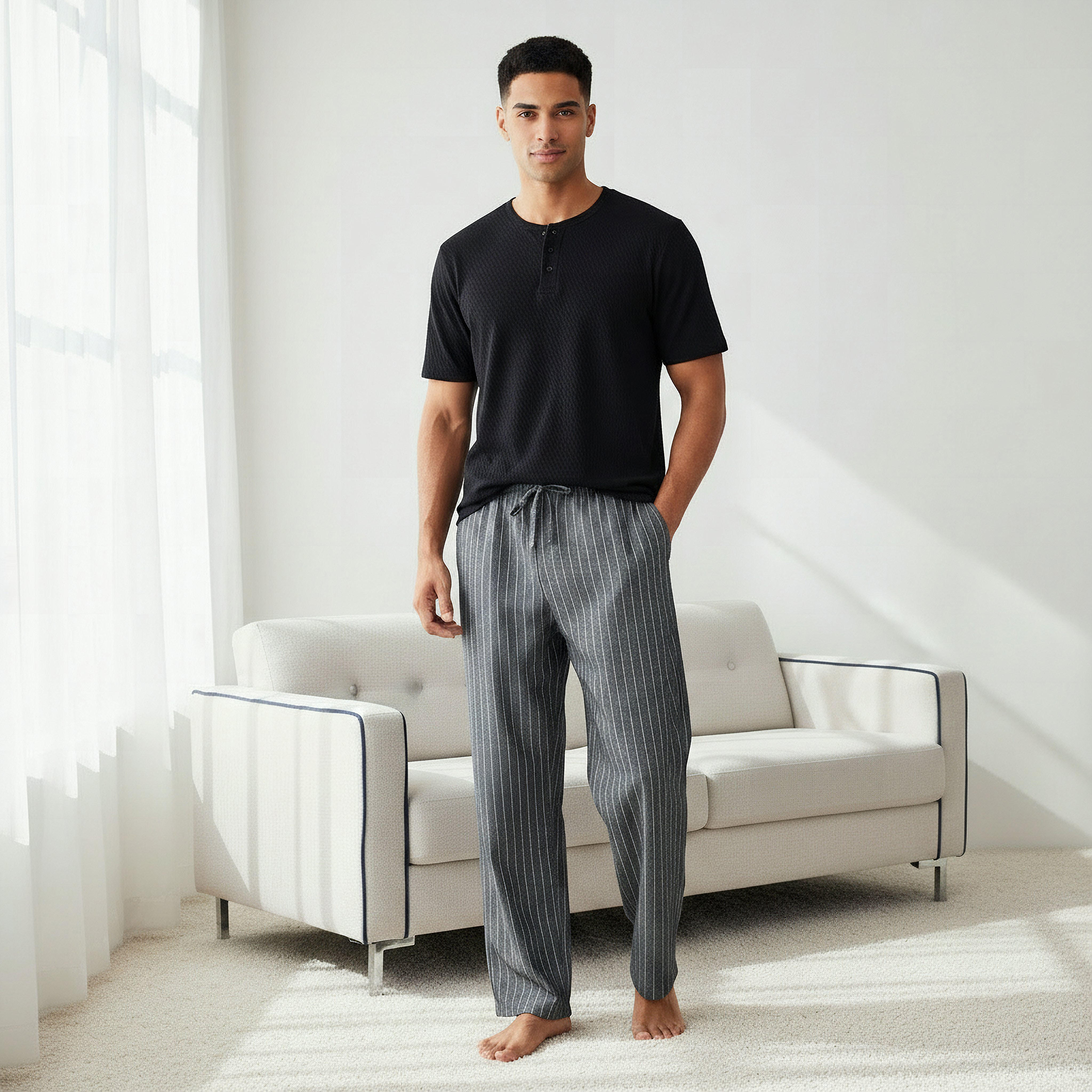 طقم نوم قطن رجالي مخطط بأزرار-men-clothing-nightwear-sets-image-6