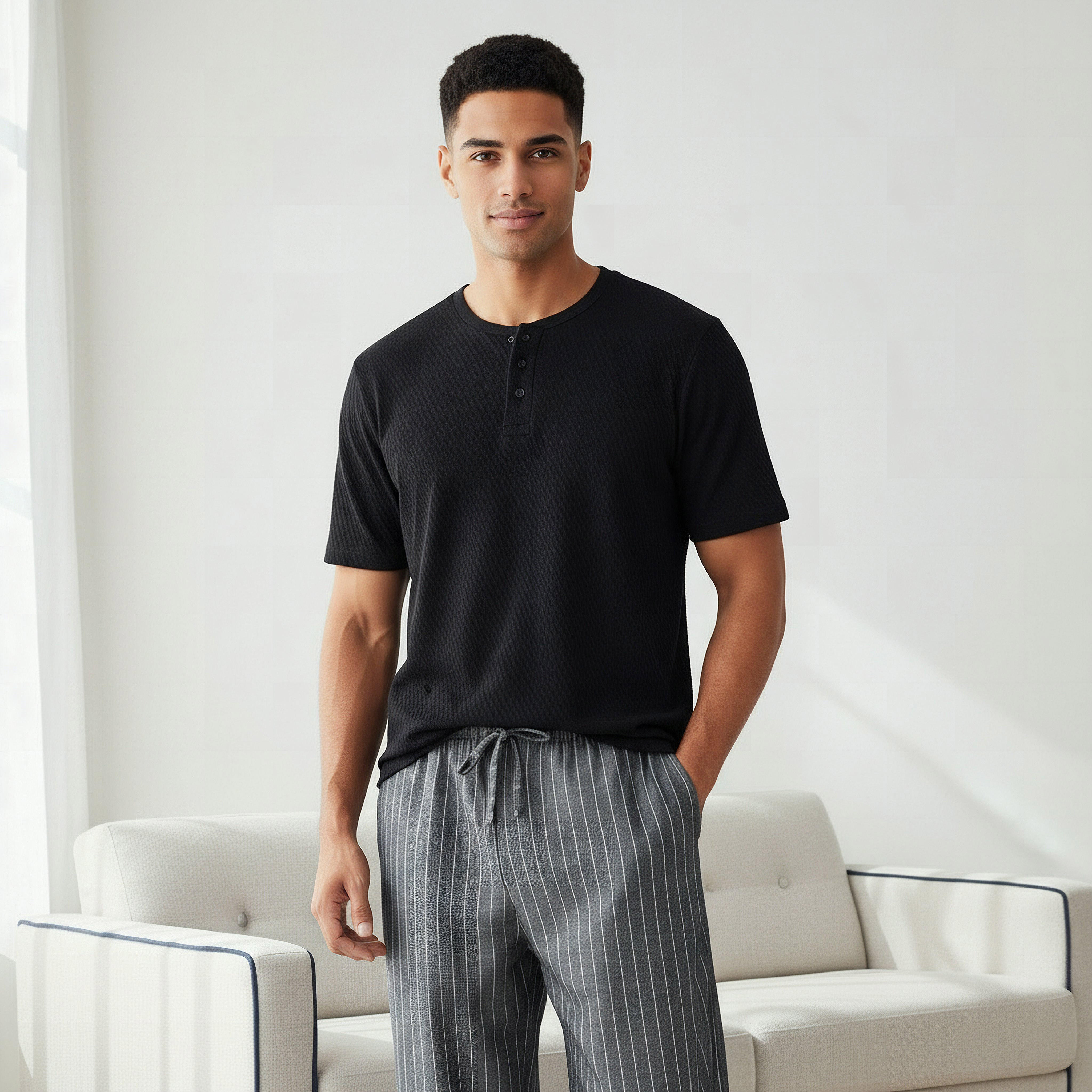 طقم نوم قطن رجالي مخطط بأزرار-men-clothing-nightwear-sets-image-5