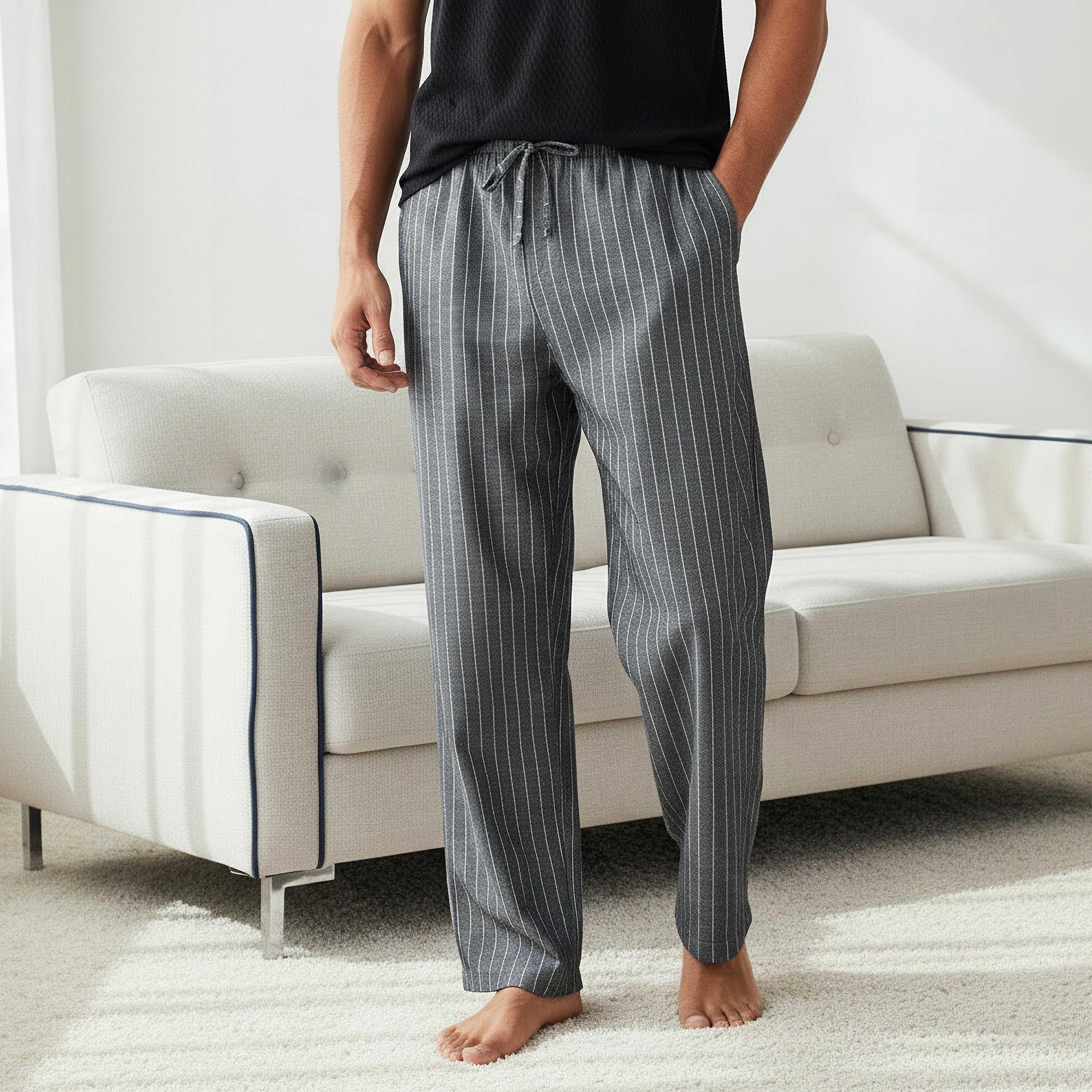 طقم نوم قطن رجالي مخطط بأزرار-men-clothing-nightwear-sets-image-3