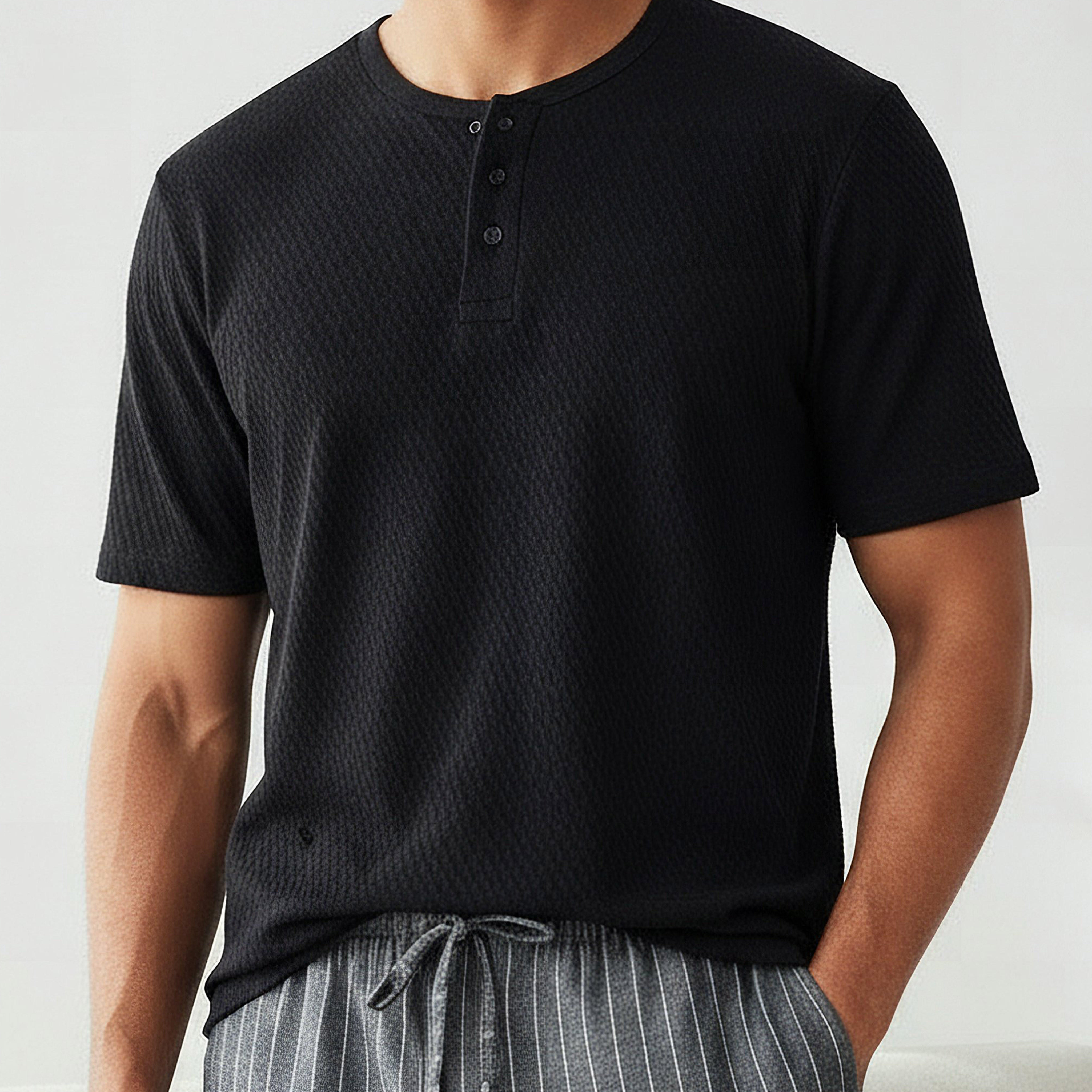طقم نوم قطن رجالي مخطط بأزرار-men-clothing-nightwear-sets-image-1