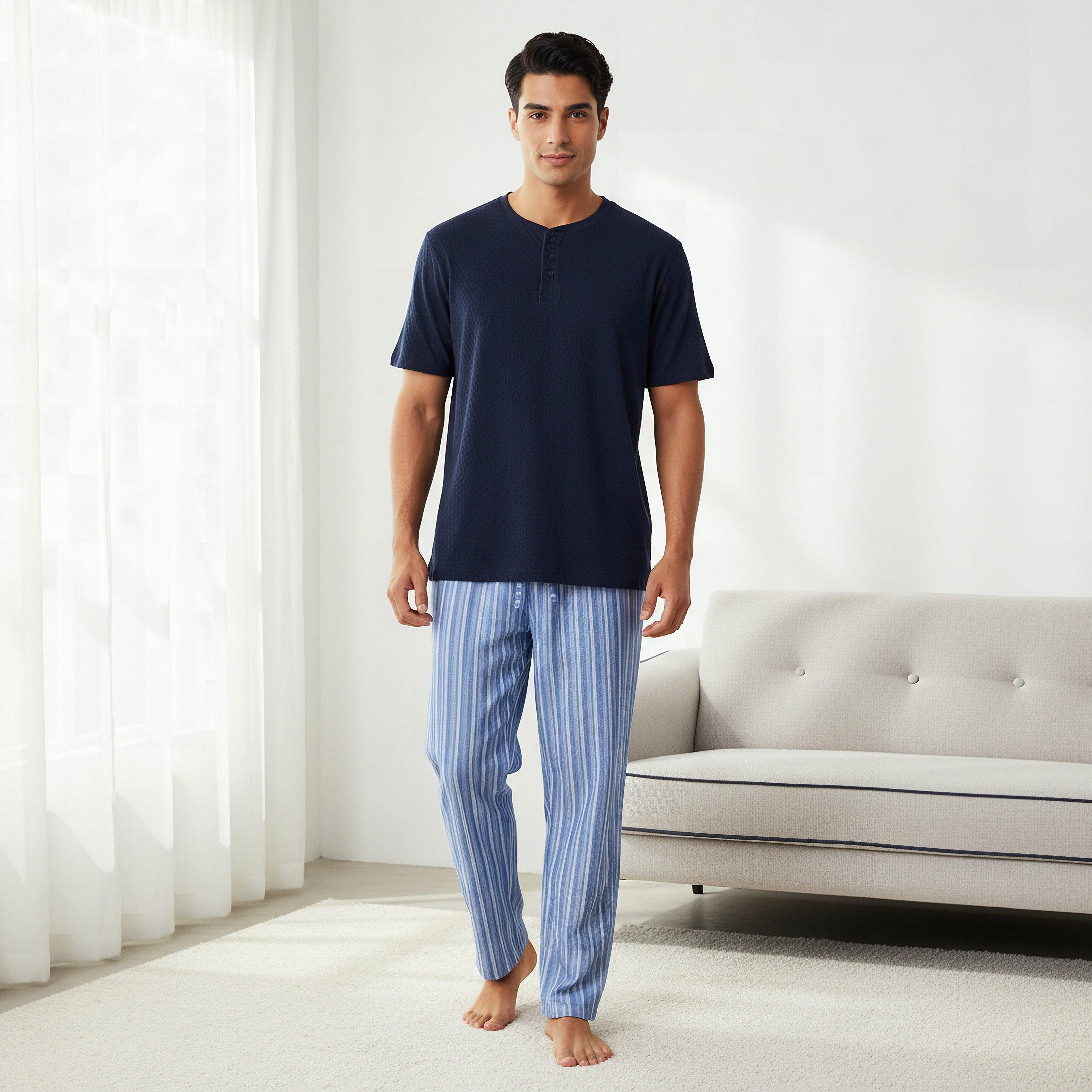 طقم نوم قطن رجالي مخطط بأزرار-men-clothing-nightwear-sets-image-1