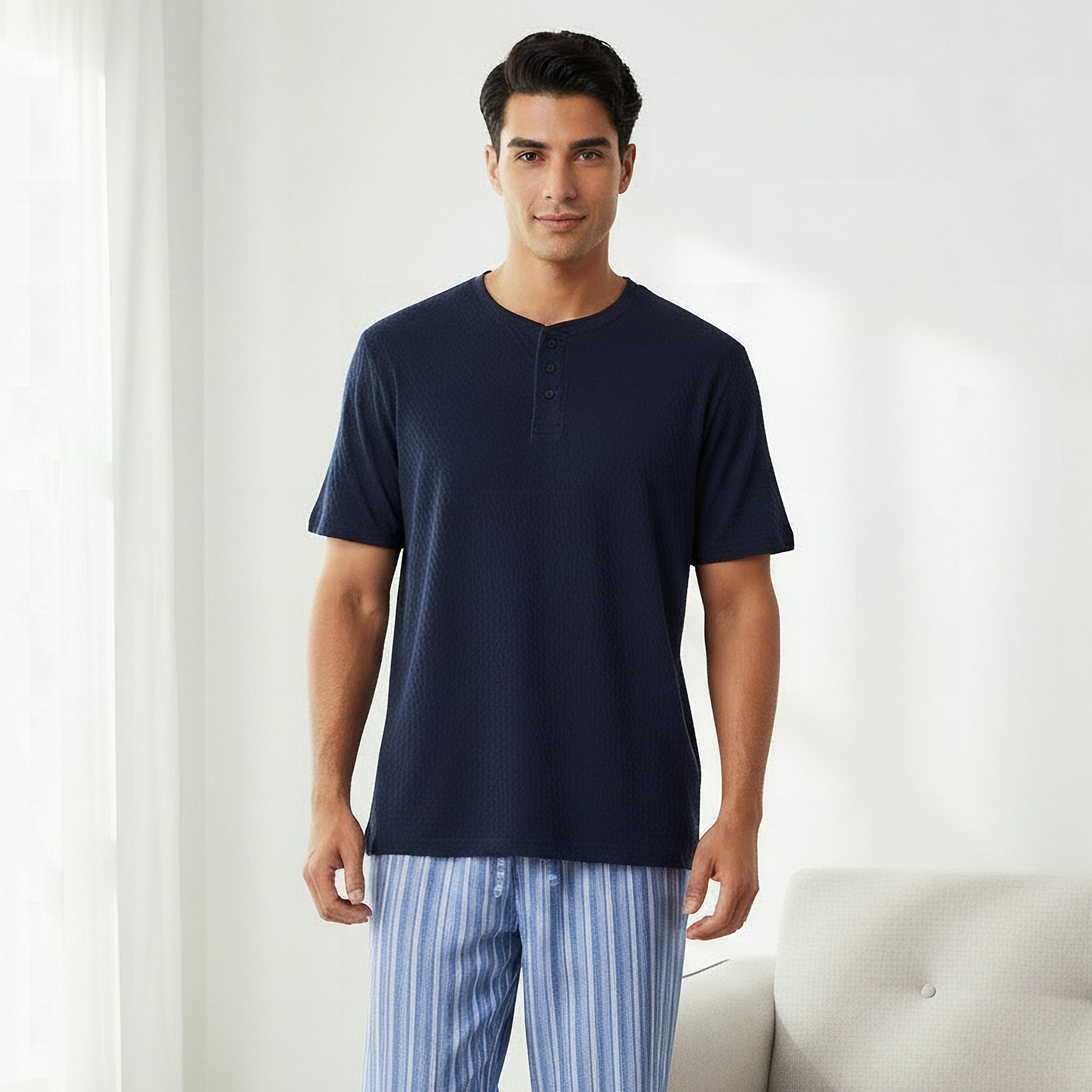 طقم نوم قطن رجالي مخطط بأزرار-men-clothing-nightwear-sets-image-2