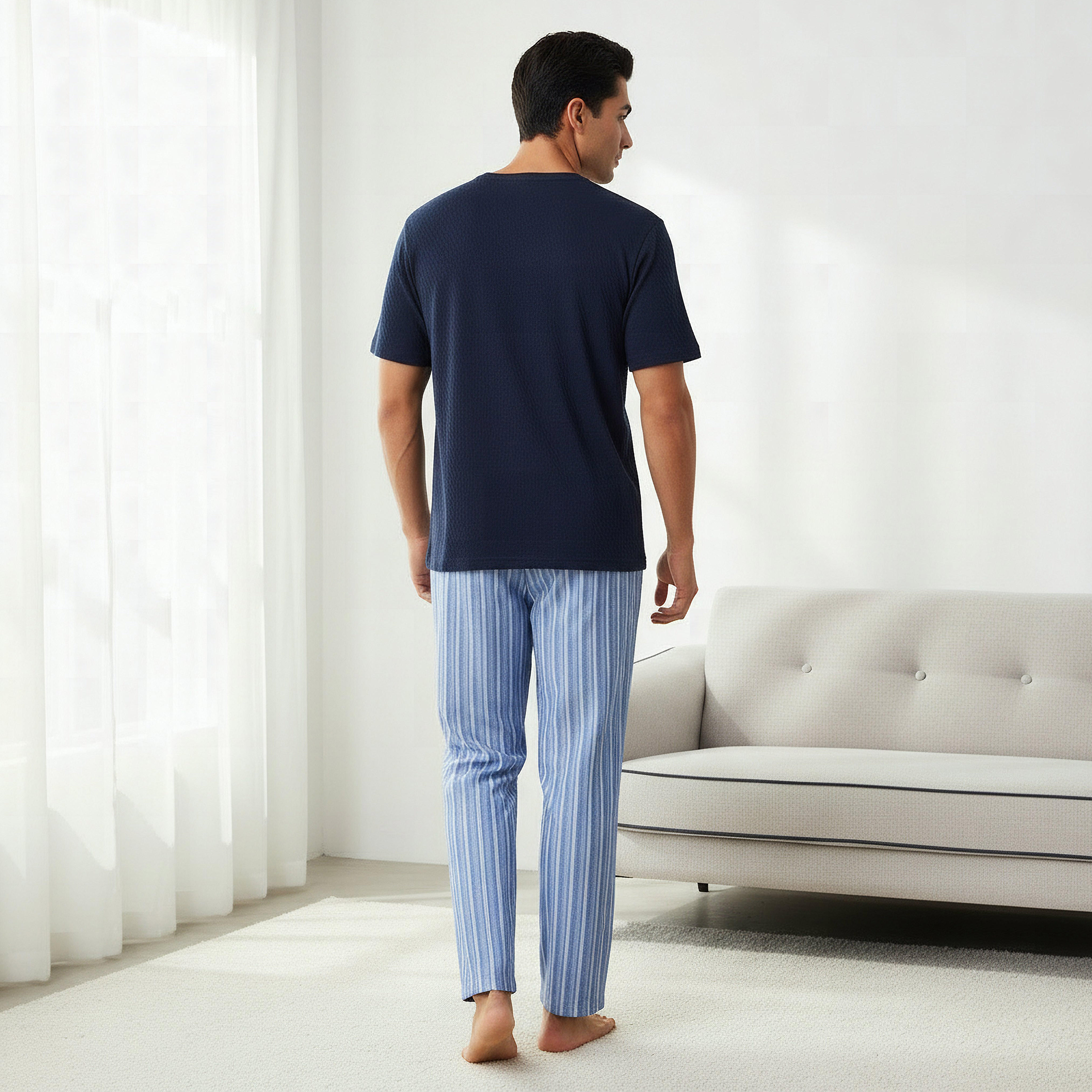 طقم نوم قطن رجالي مخطط بأزرار-men-clothing-nightwear-sets-image-3