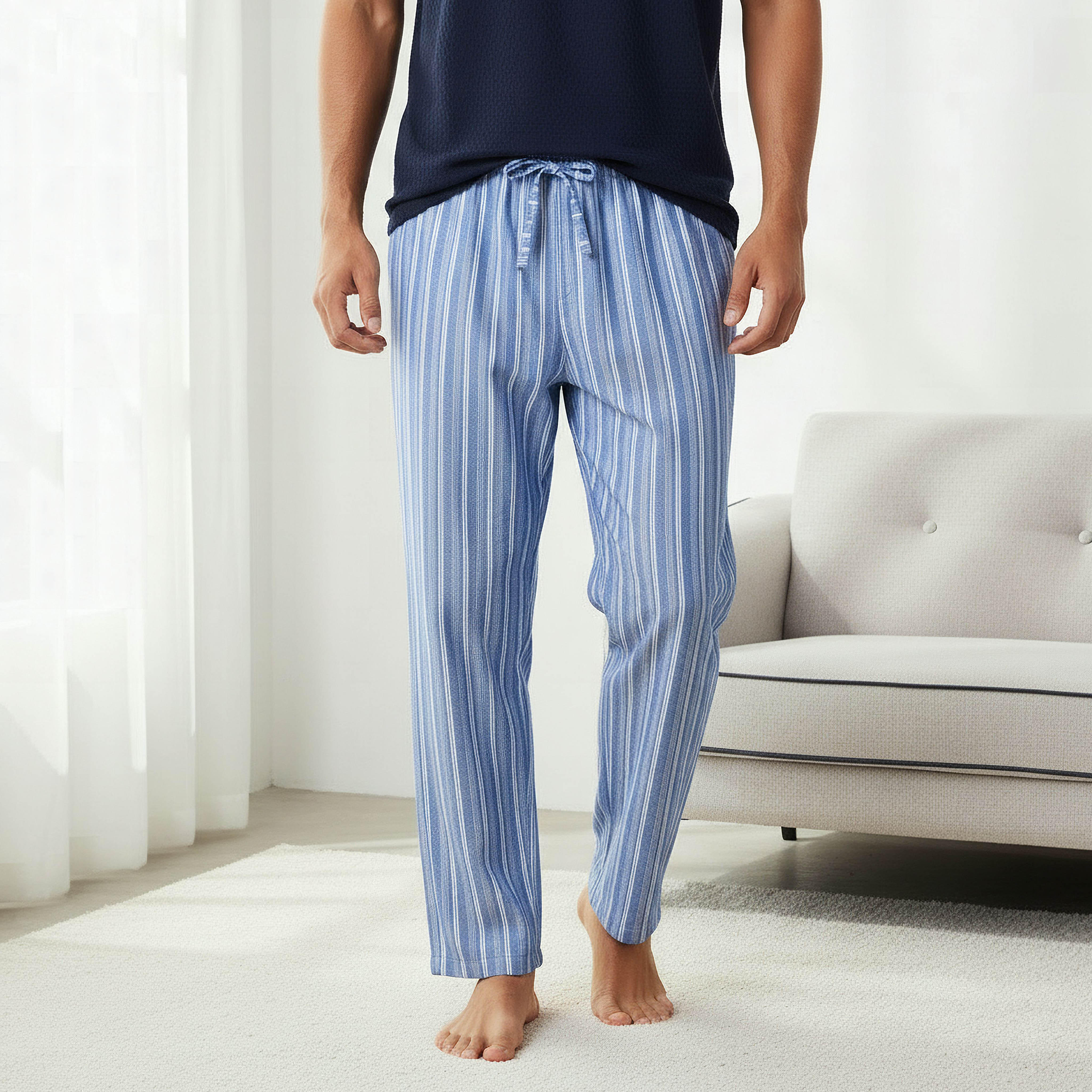 طقم نوم قطن رجالي مخطط بأزرار-men-clothing-nightwear-sets-image-4
