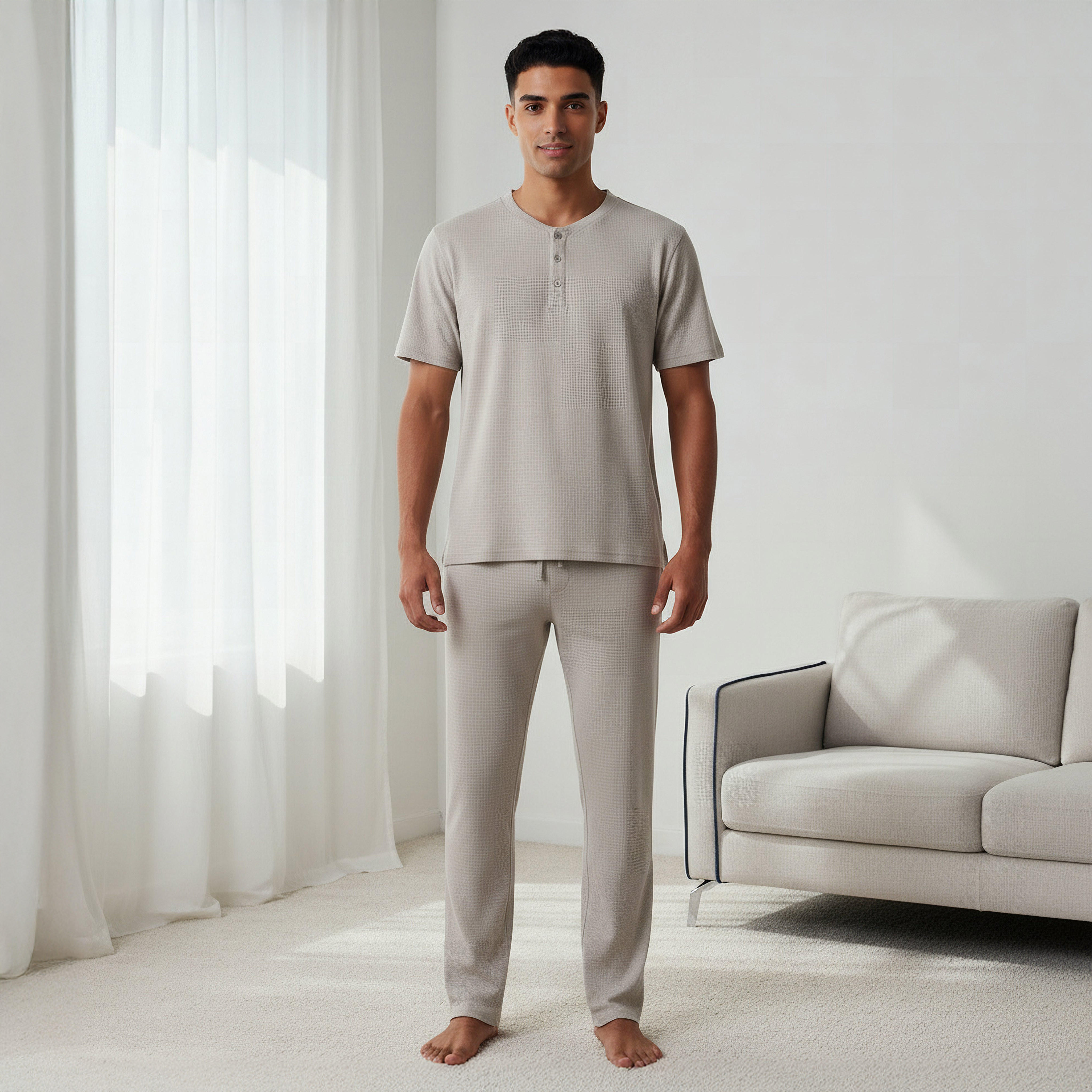 طقم نوم قطن وافل بارز الملمس وياقة هنلي للرجال-men-clothing-nightwear-sets-image-1