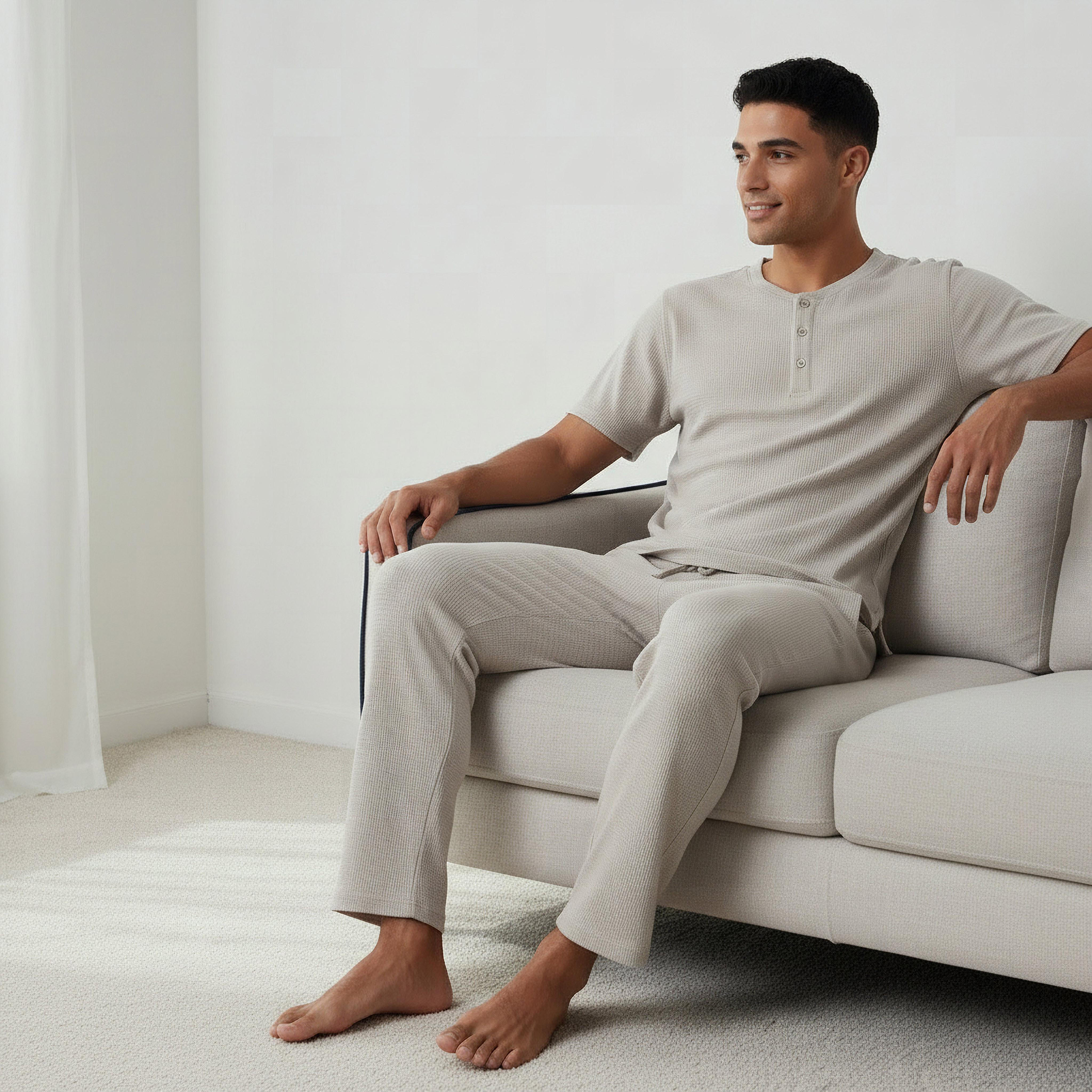 طقم نوم قطن وافل بارز الملمس وياقة هنلي للرجال-men-clothing-nightwear-sets-image-2