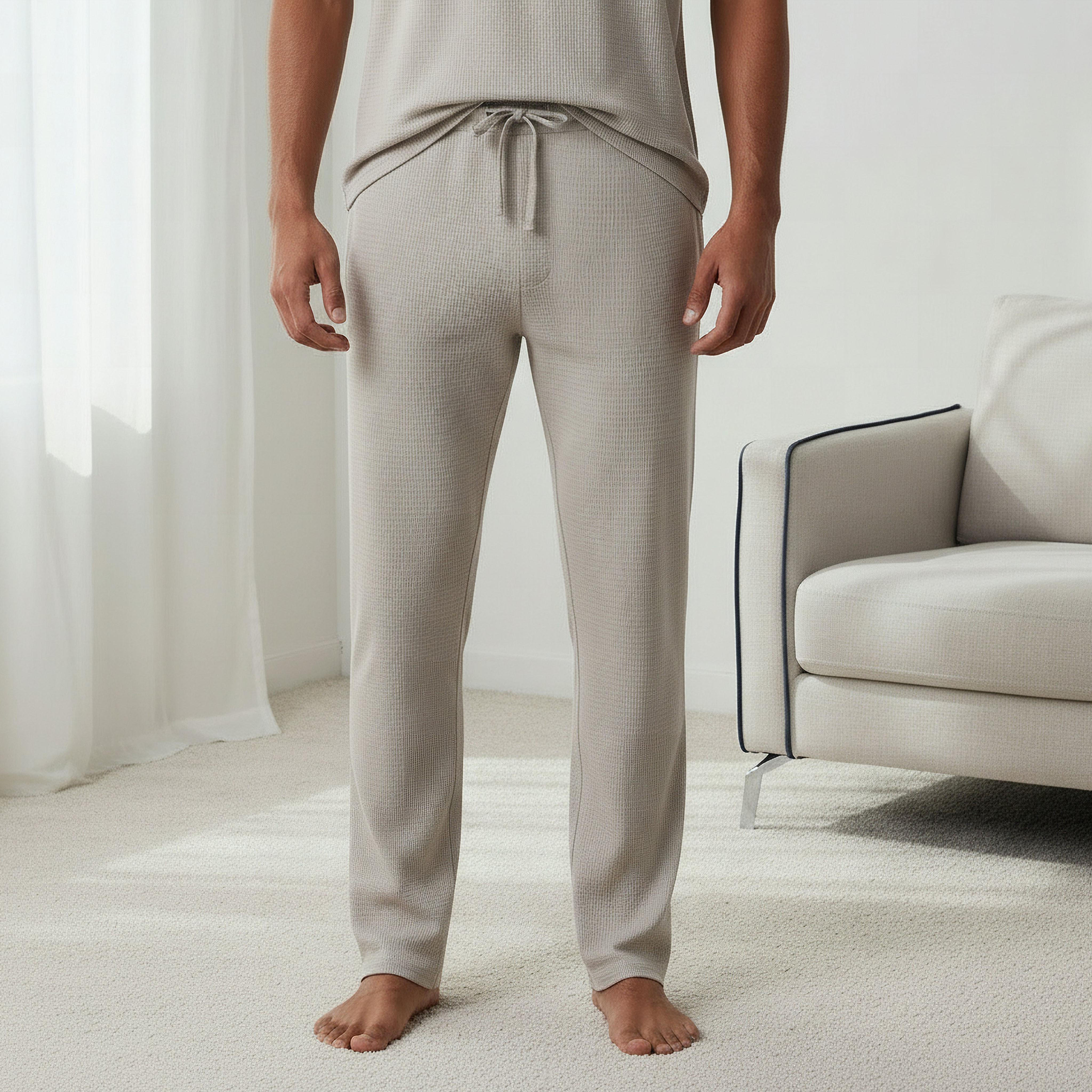 طقم نوم قطن وافل بارز الملمس وياقة هنلي للرجال-men-clothing-nightwear-sets-image-3