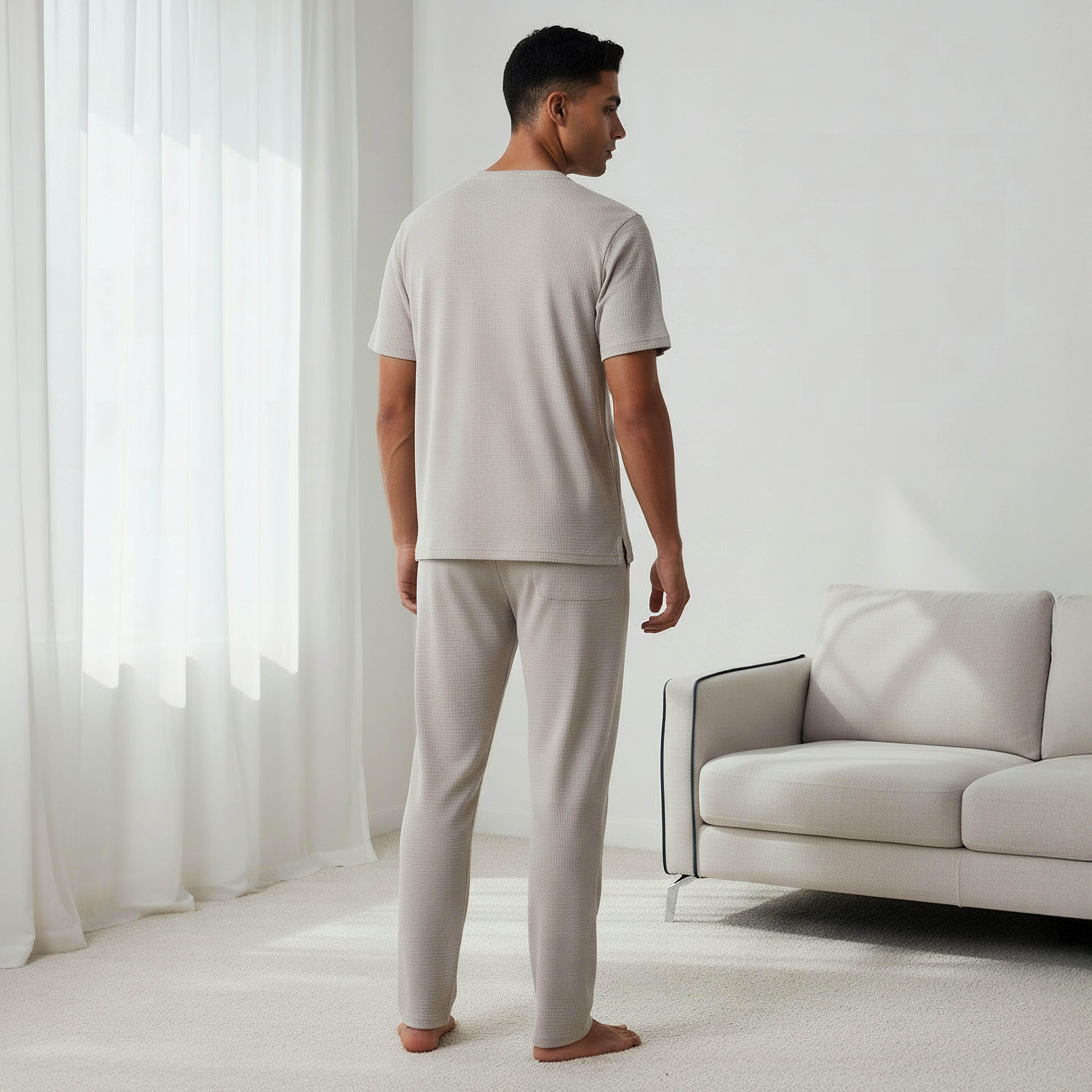 طقم نوم قطن وافل بارز الملمس وياقة هنلي للرجال-men-clothing-nightwear-sets-image-4