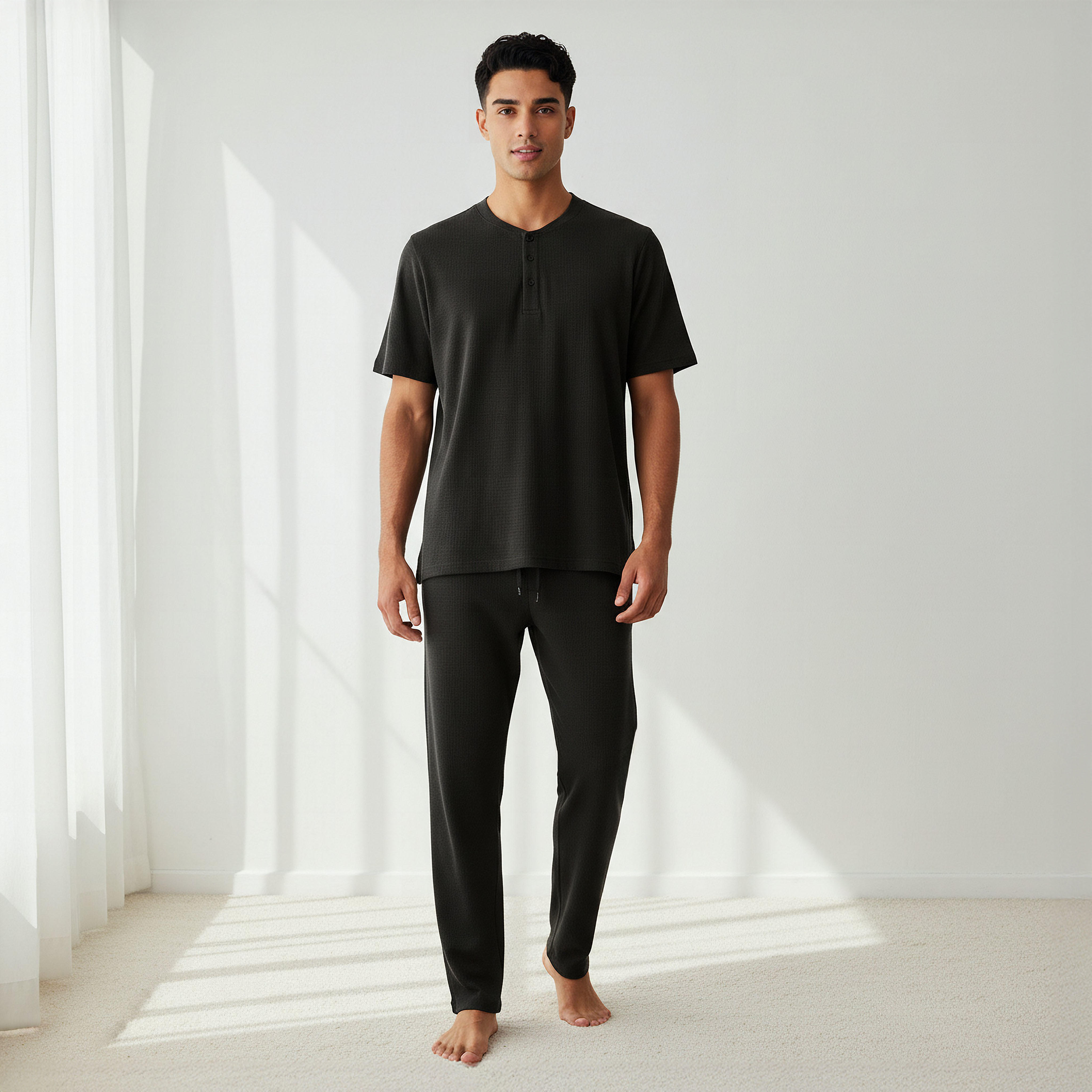 طقم نوم قطن وافل بارز الملمس وياقة هنلي للرجال-men-clothing-nightwear-sets-image-1