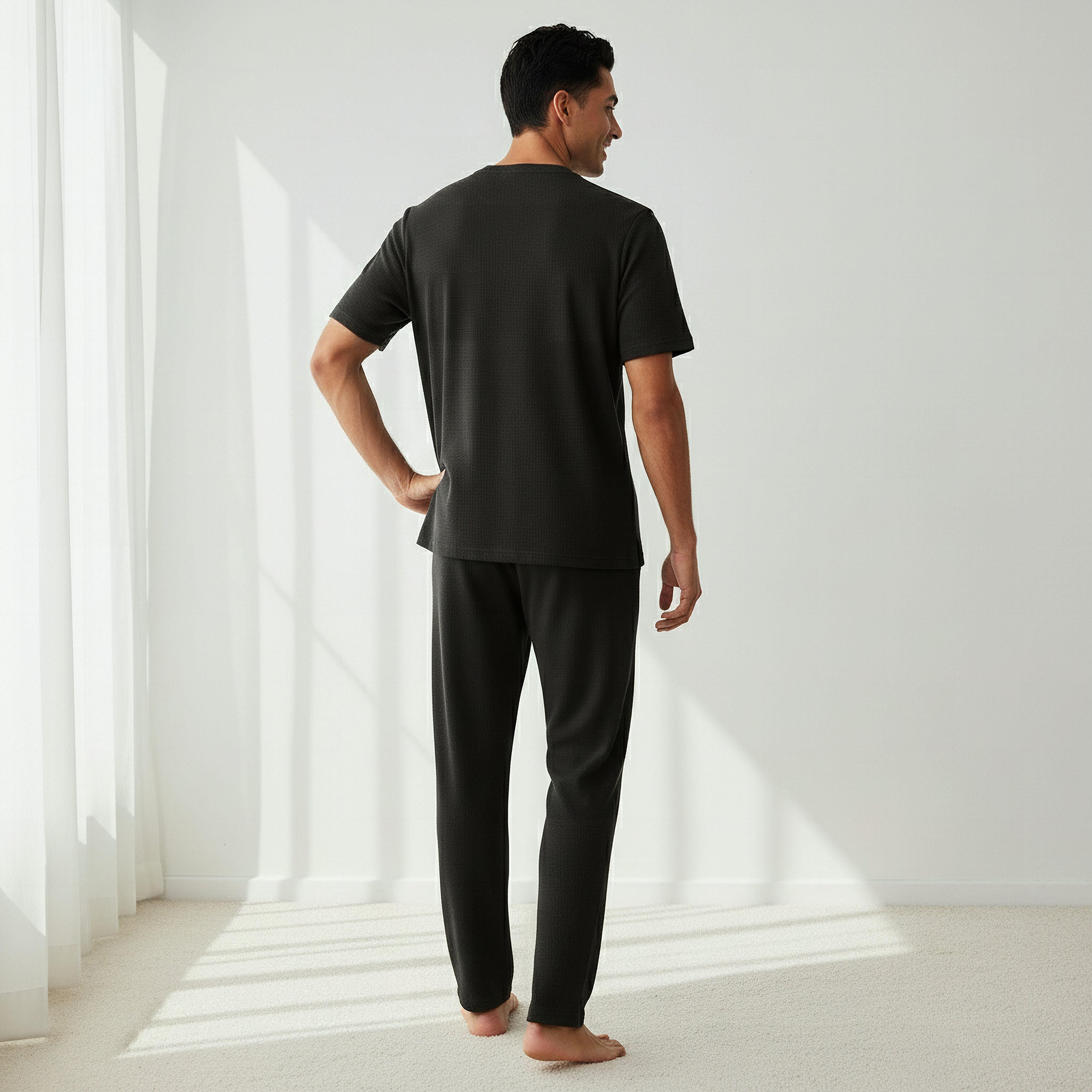 Men Cotton Waffle Textured Henley Neck Nightwear Set-men-clothing-nightwear-sets-image-5