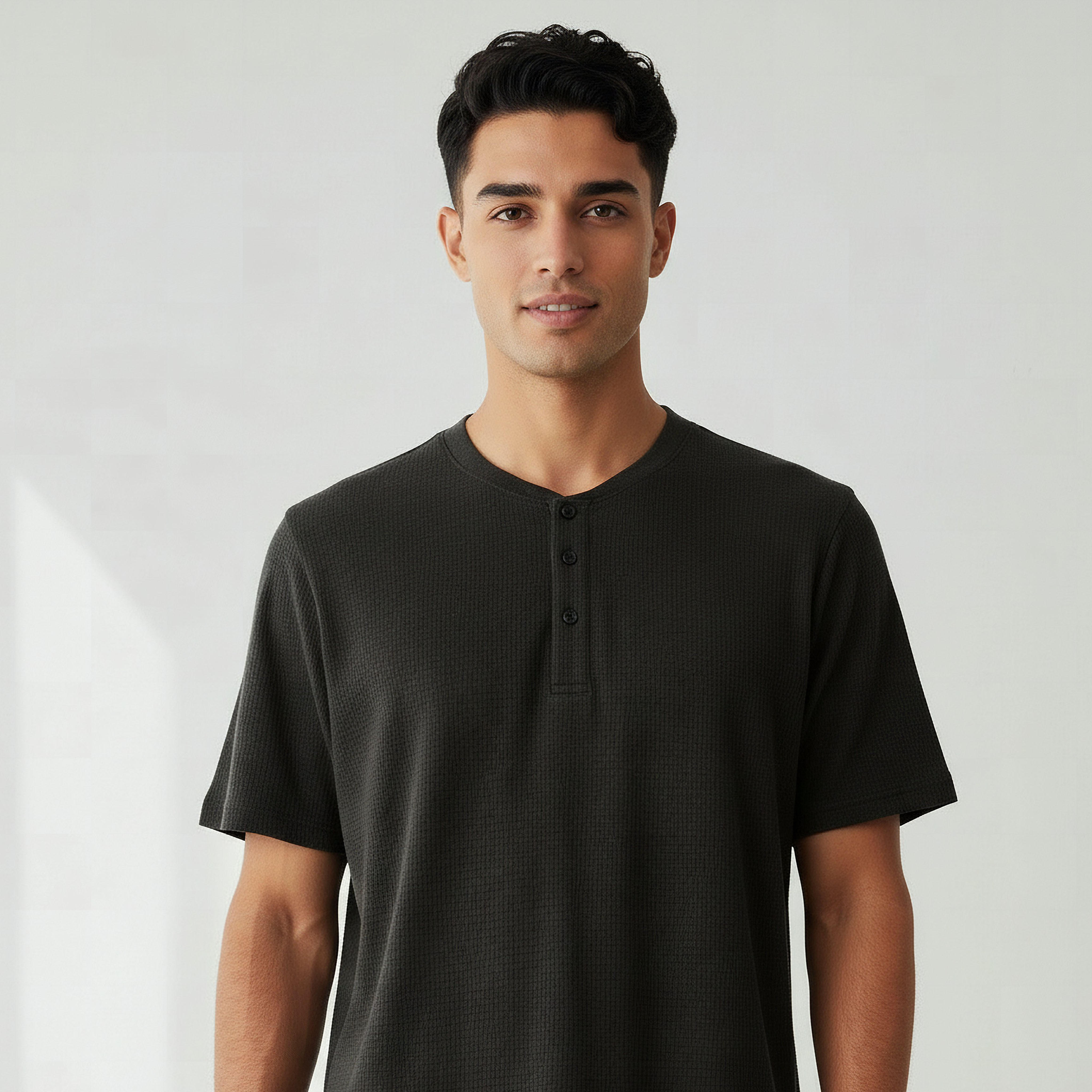 Men Cotton Waffle Textured Henley Neck Nightwear Set-men-clothing-nightwear-sets-image-6