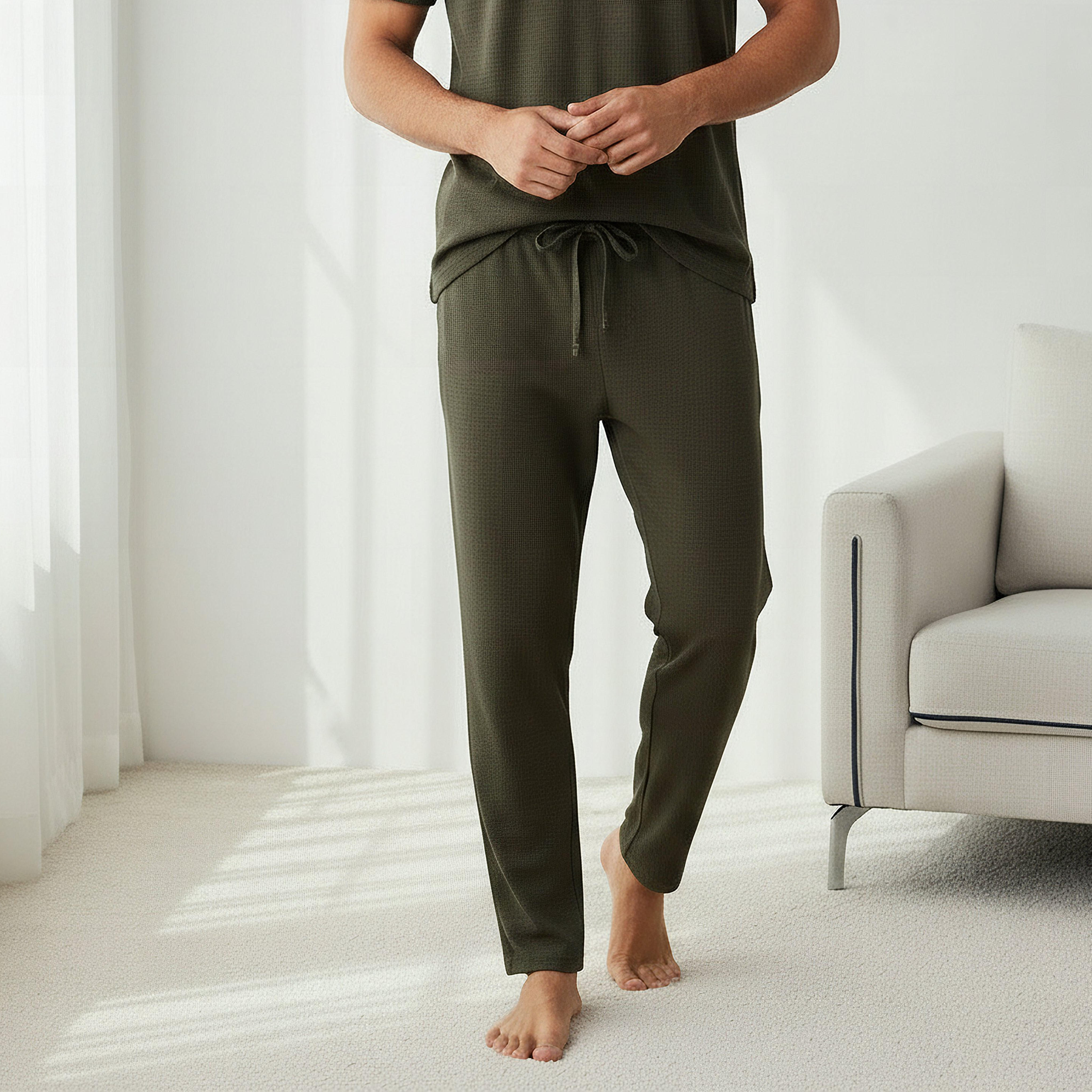 طقم نوم قطن وافل بارز الملمس وياقة هنلي للرجال-men-clothing-nightwear-sets-image-4