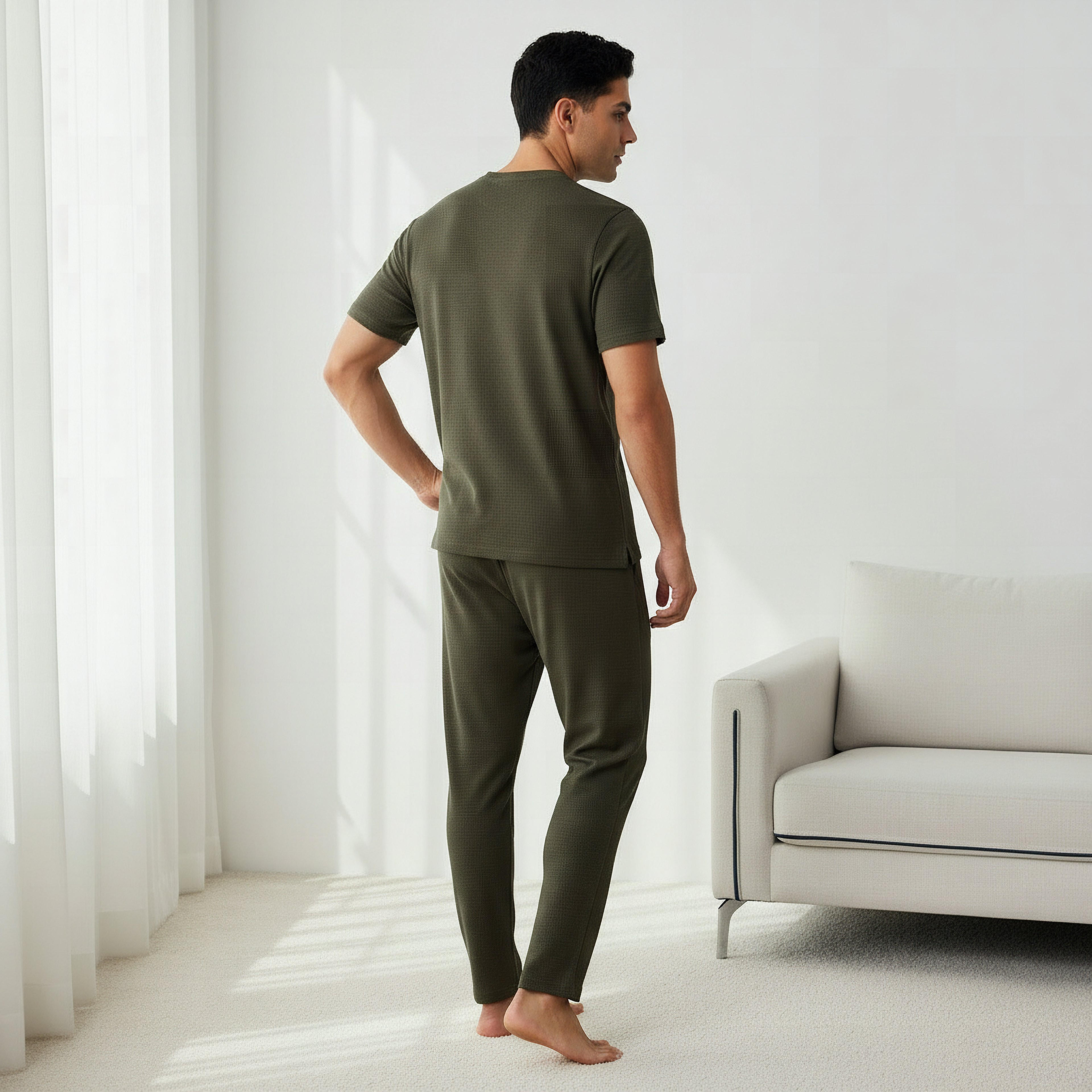 طقم نوم قطن وافل بارز الملمس وياقة هنلي للرجال-men-clothing-nightwear-sets-image-5