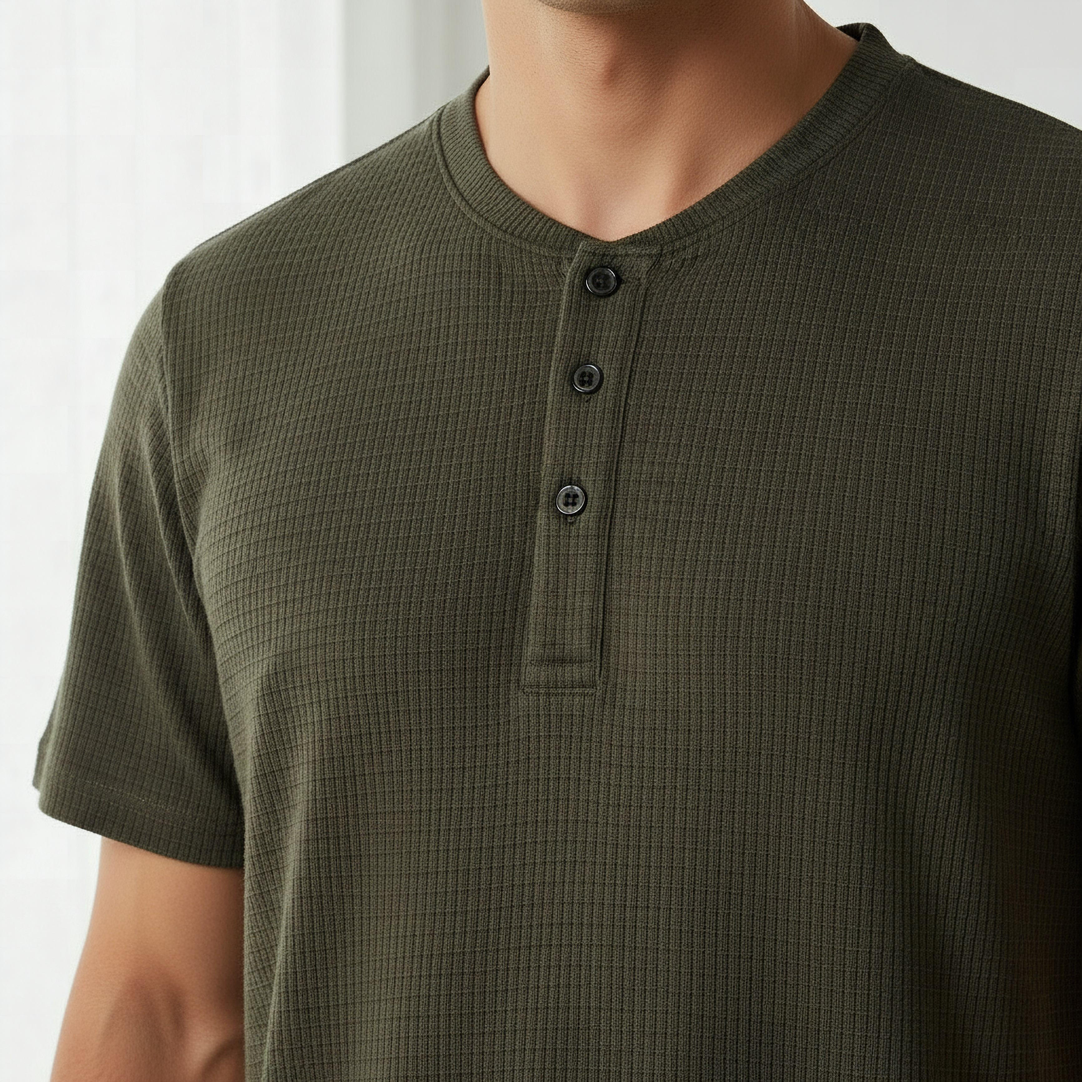 طقم نوم قطن وافل بارز الملمس وياقة هنلي للرجال-men-clothing-nightwear-sets-image-6
