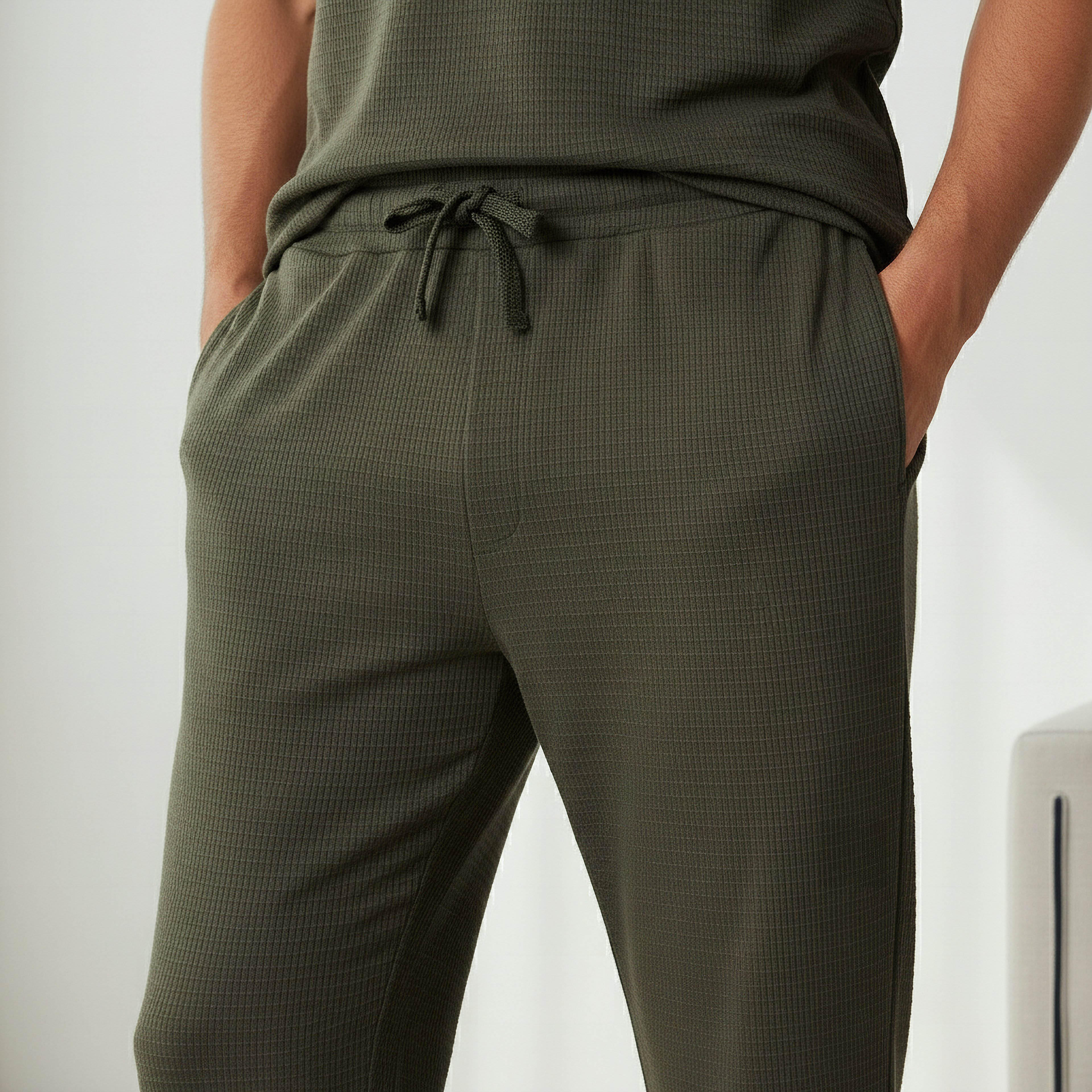 طقم نوم قطن وافل بارز الملمس وياقة هنلي للرجال-men-clothing-nightwear-sets-image-7