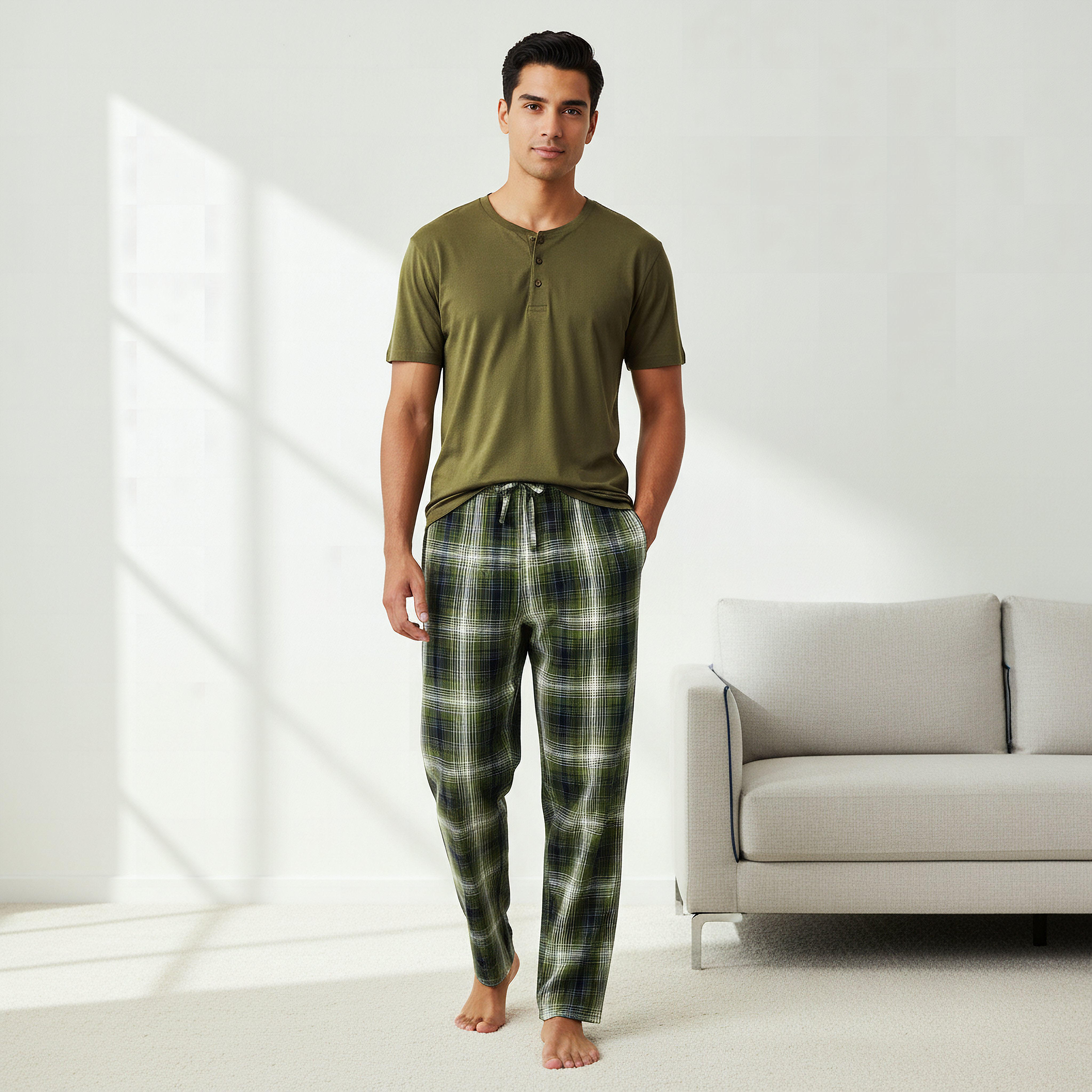 طقم ملابس نوم قطن كاروهات بأزرار أمامية للرجال-men-clothing-nightwear-sets-image-7