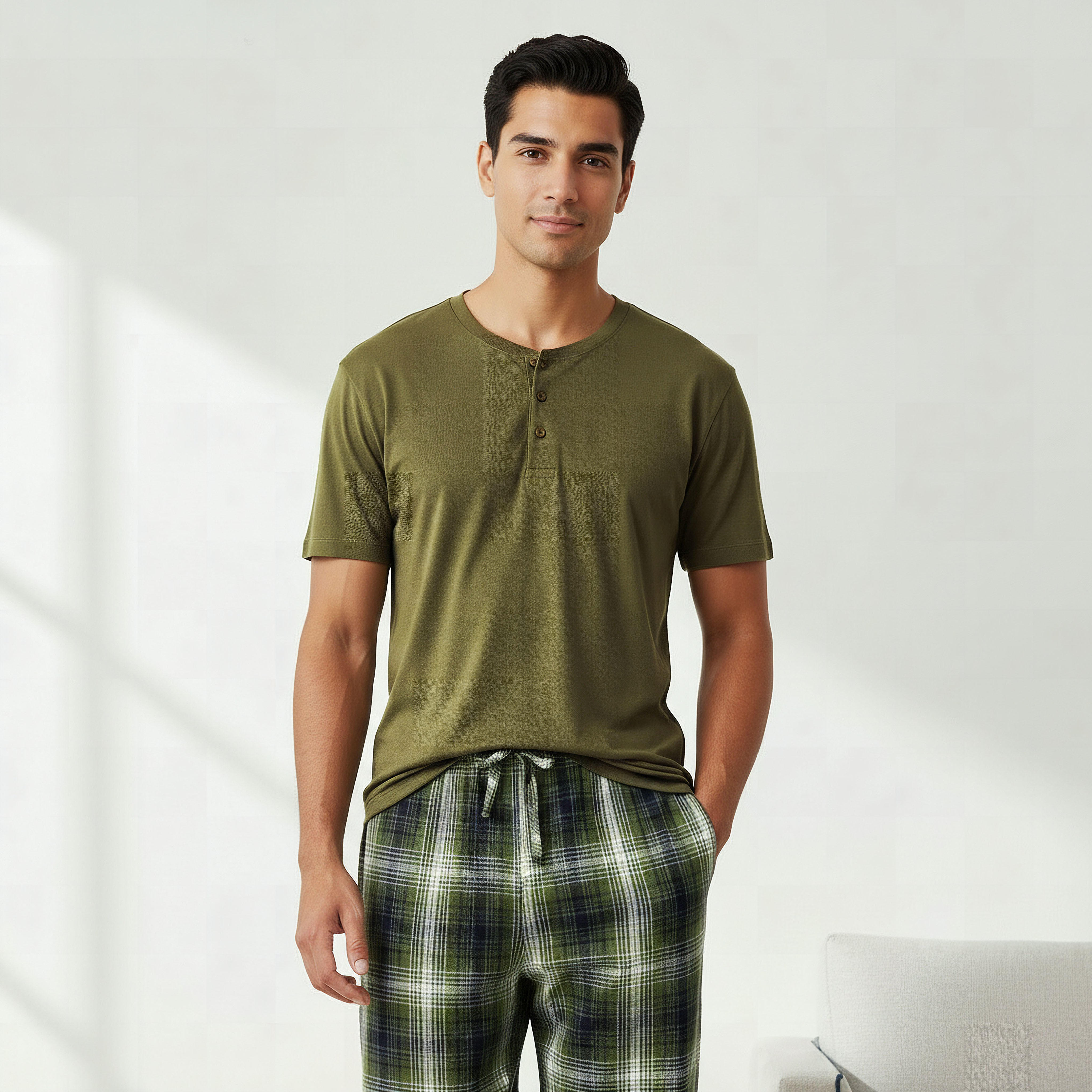 طقم ملابس نوم قطن كاروهات بأزرار أمامية للرجال-men-clothing-nightwear-sets-image-6