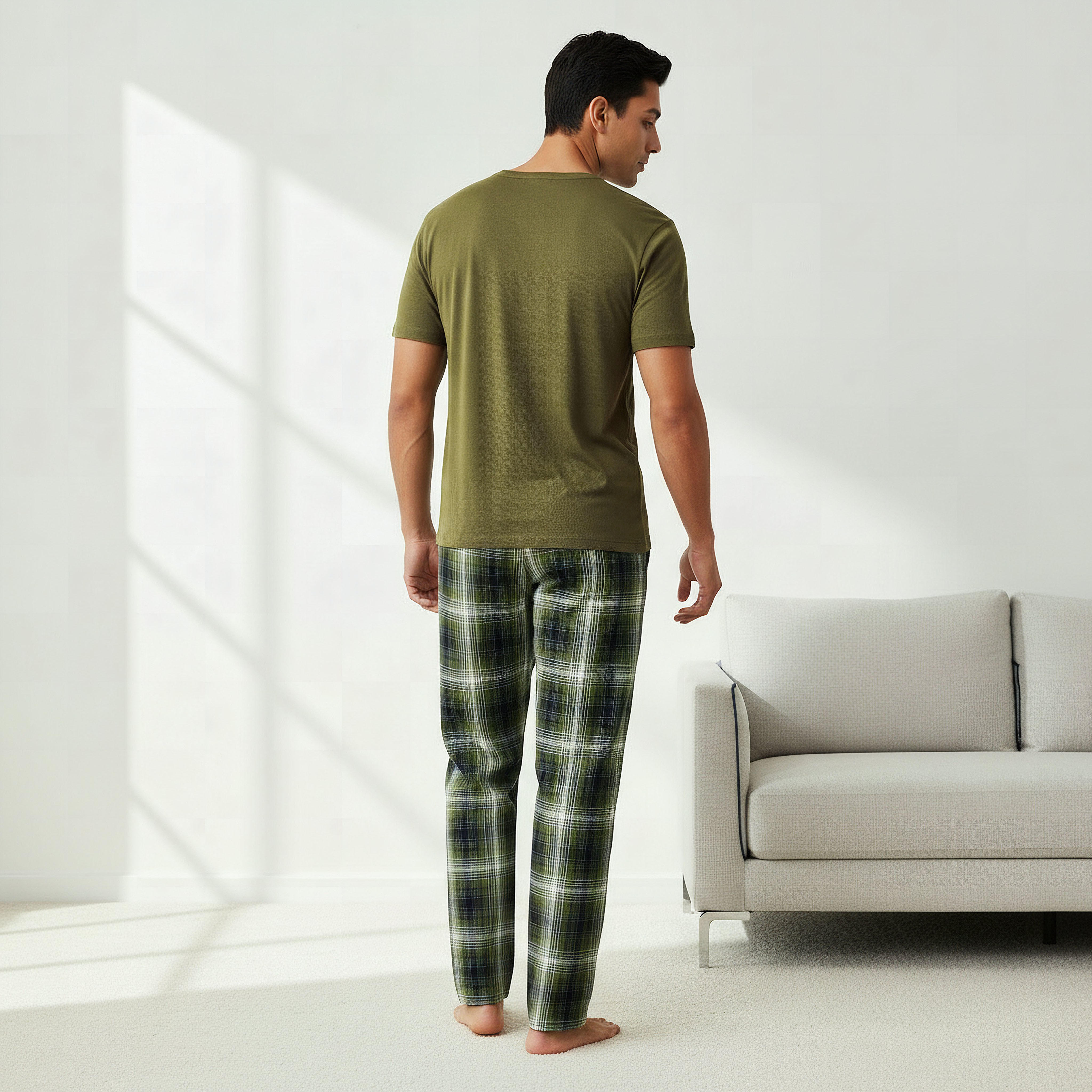 طقم ملابس نوم قطن كاروهات بأزرار أمامية للرجال-men-clothing-nightwear-sets-image-4