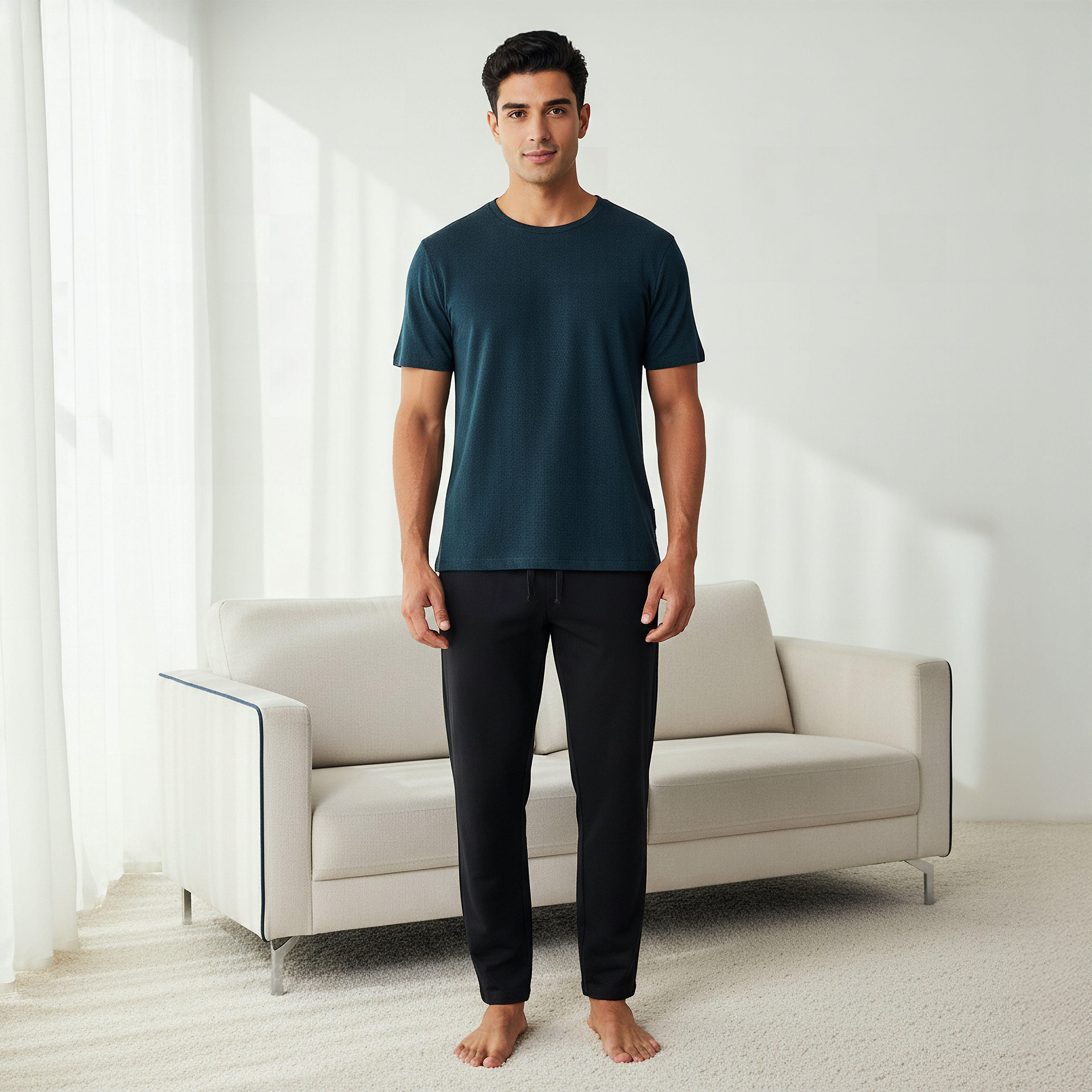 Men Cotton Herringbone Textured Drawstring Closure Nightwear Set-men-clothing-nightwear-sets-image-1