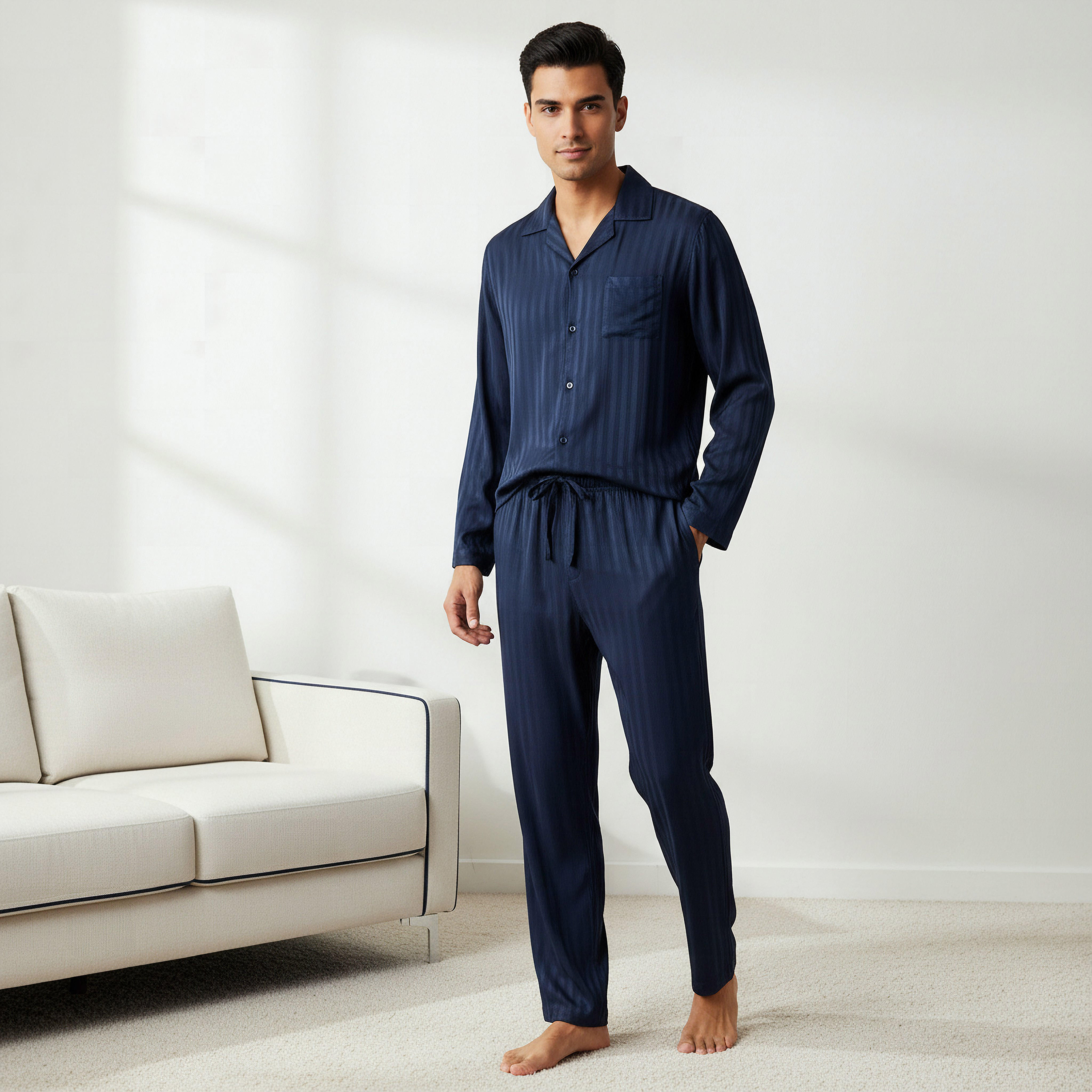 طقم بيجاما رجالي مودال مخطط بأزرار-men-clothing-nightwear-sets-image-6