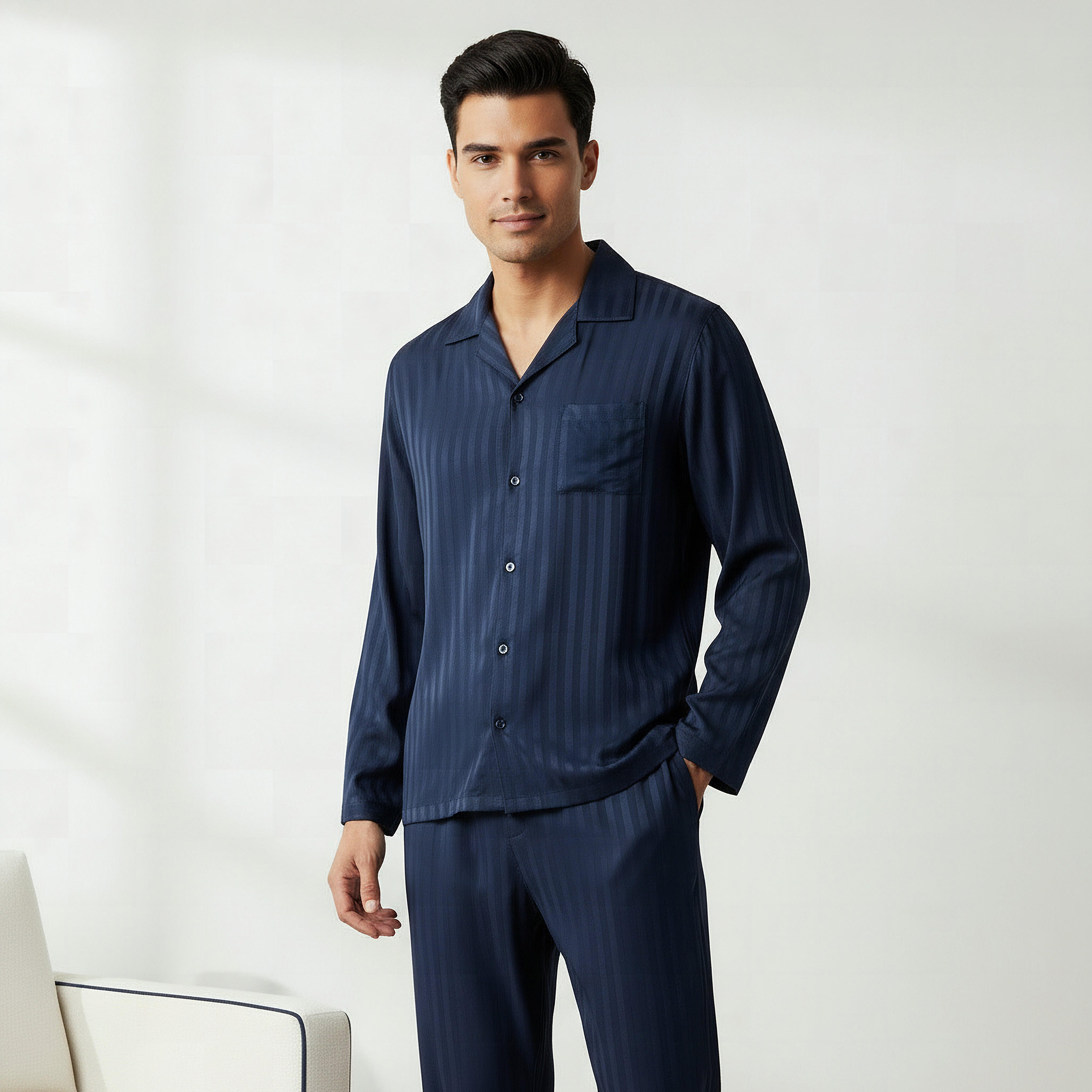 طقم بيجاما رجالي مودال مخطط بأزرار-men-clothing-nightwear-sets-image-5