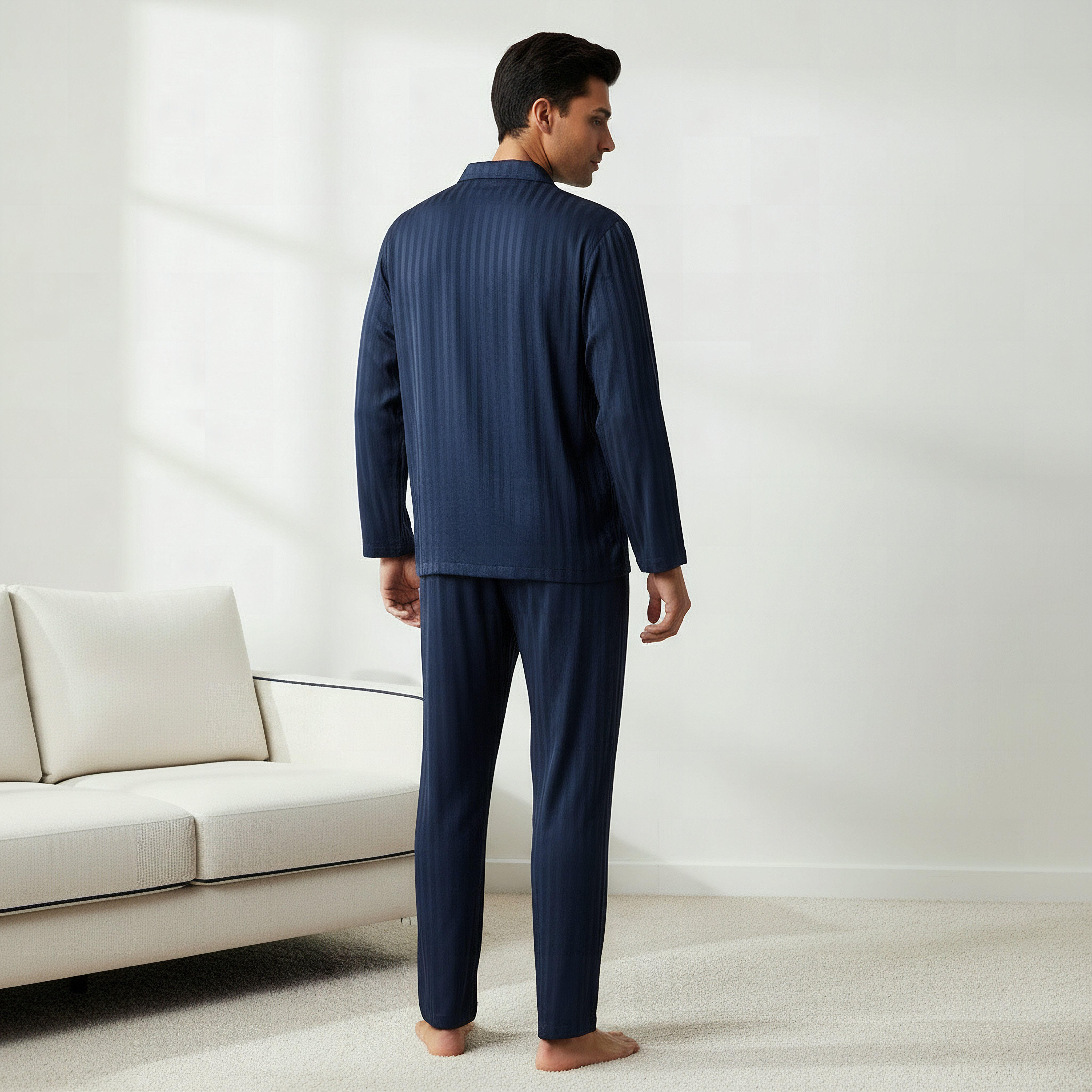 طقم بيجاما رجالي مودال مخطط بأزرار-men-clothing-nightwear-sets-image-3