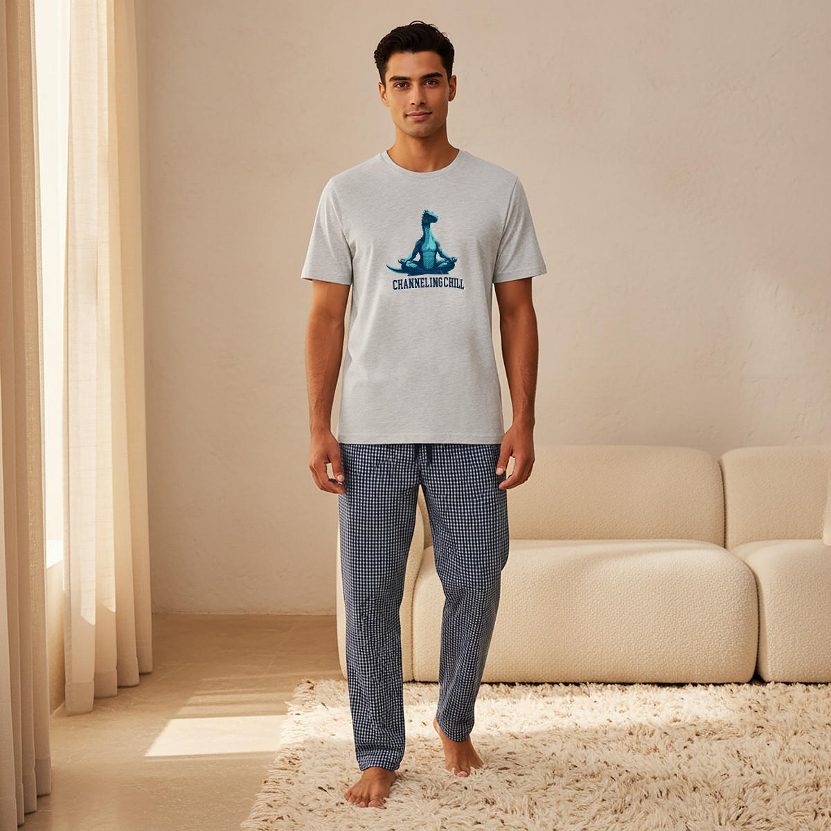 طقم ملابس نوم قطن كاروهات بخصر برباط للرجال-men-clothing-nightwear-sets-image-1