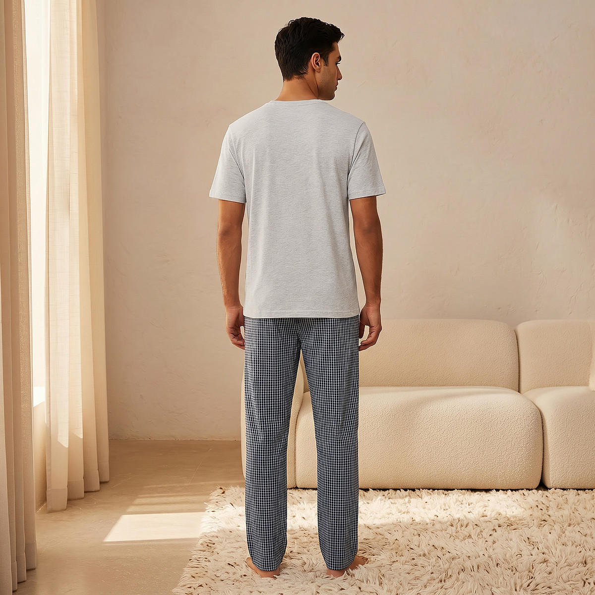 طقم ملابس نوم قطن كاروهات بخصر برباط للرجال-men-clothing-nightwear-sets-image-4