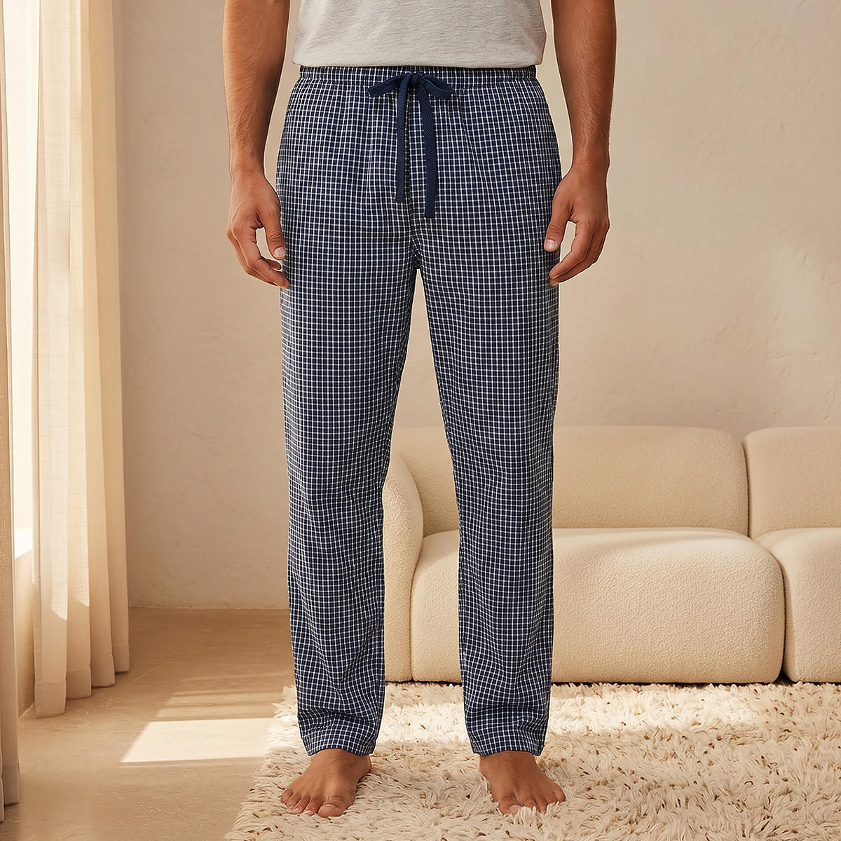 طقم ملابس نوم قطن كاروهات بخصر برباط للرجال-men-clothing-nightwear-sets-image-5