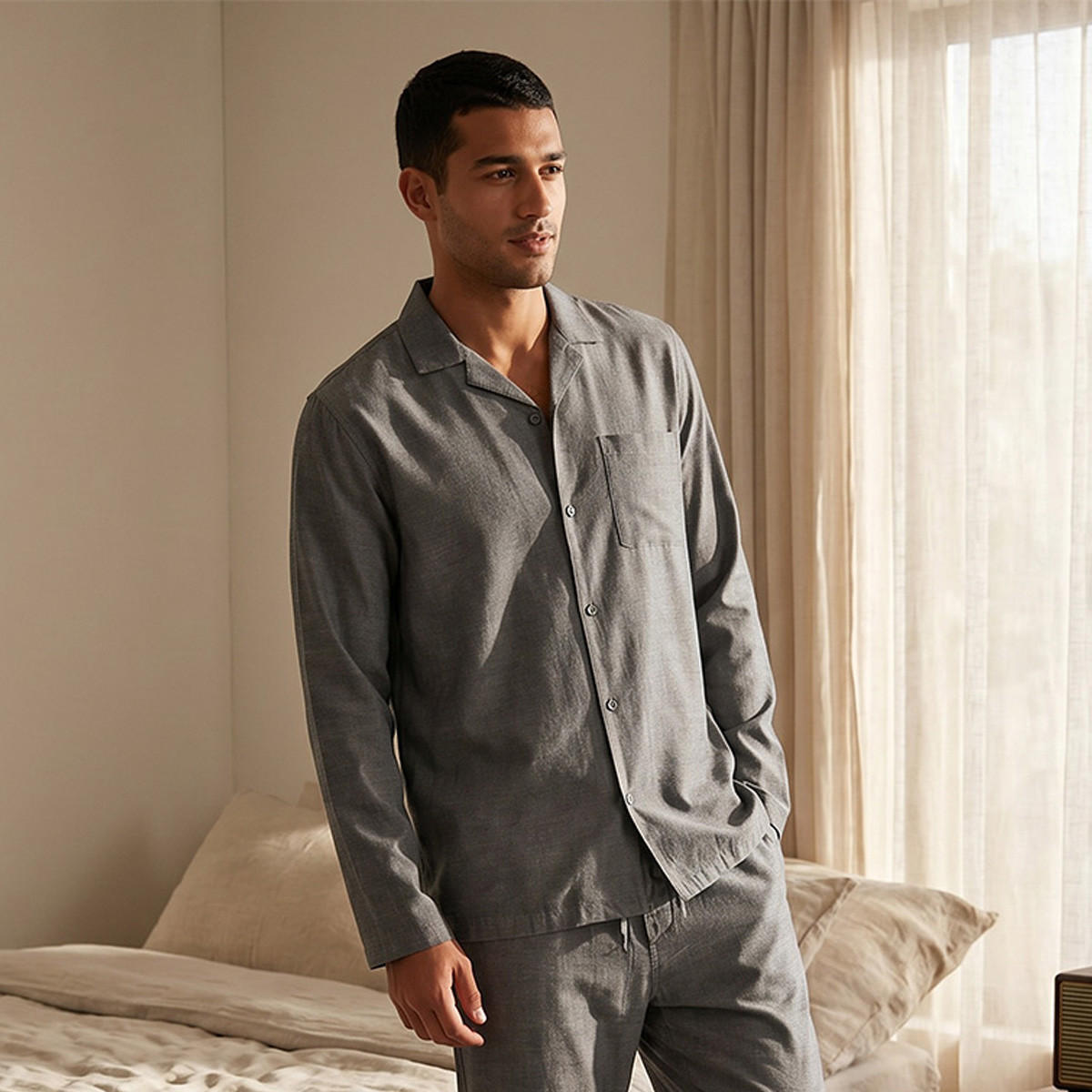 طقم بيجاما بارز الملمس بياقة كامب-men-clothing-nightwear-sets-image-3
