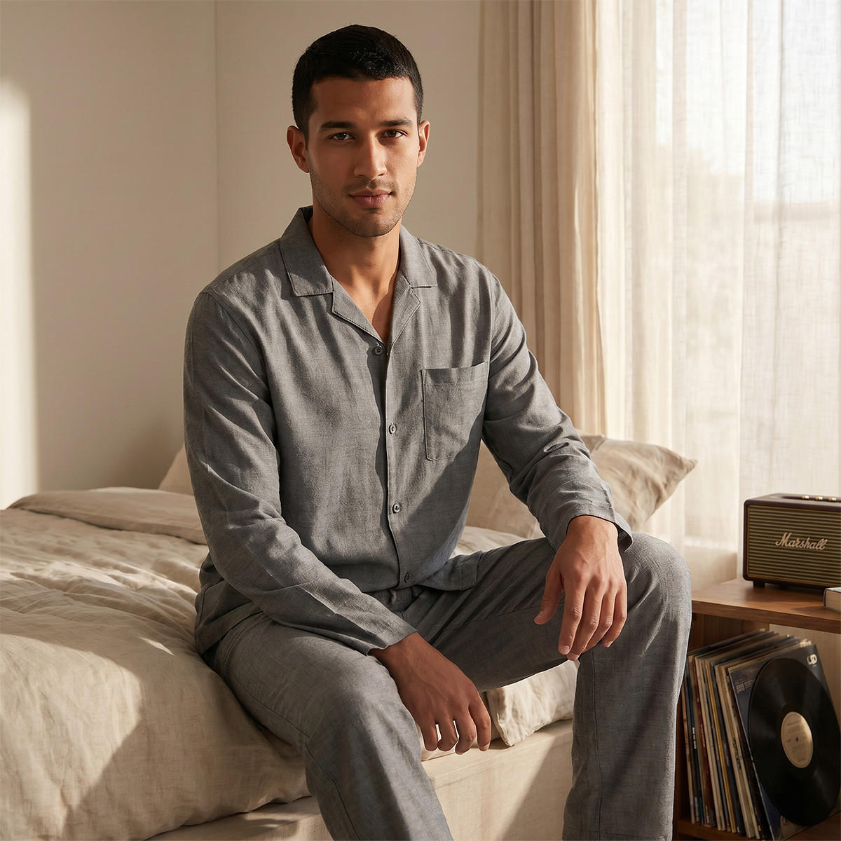 طقم بيجاما بارز الملمس بياقة كامب-men-clothing-nightwear-sets-image-6