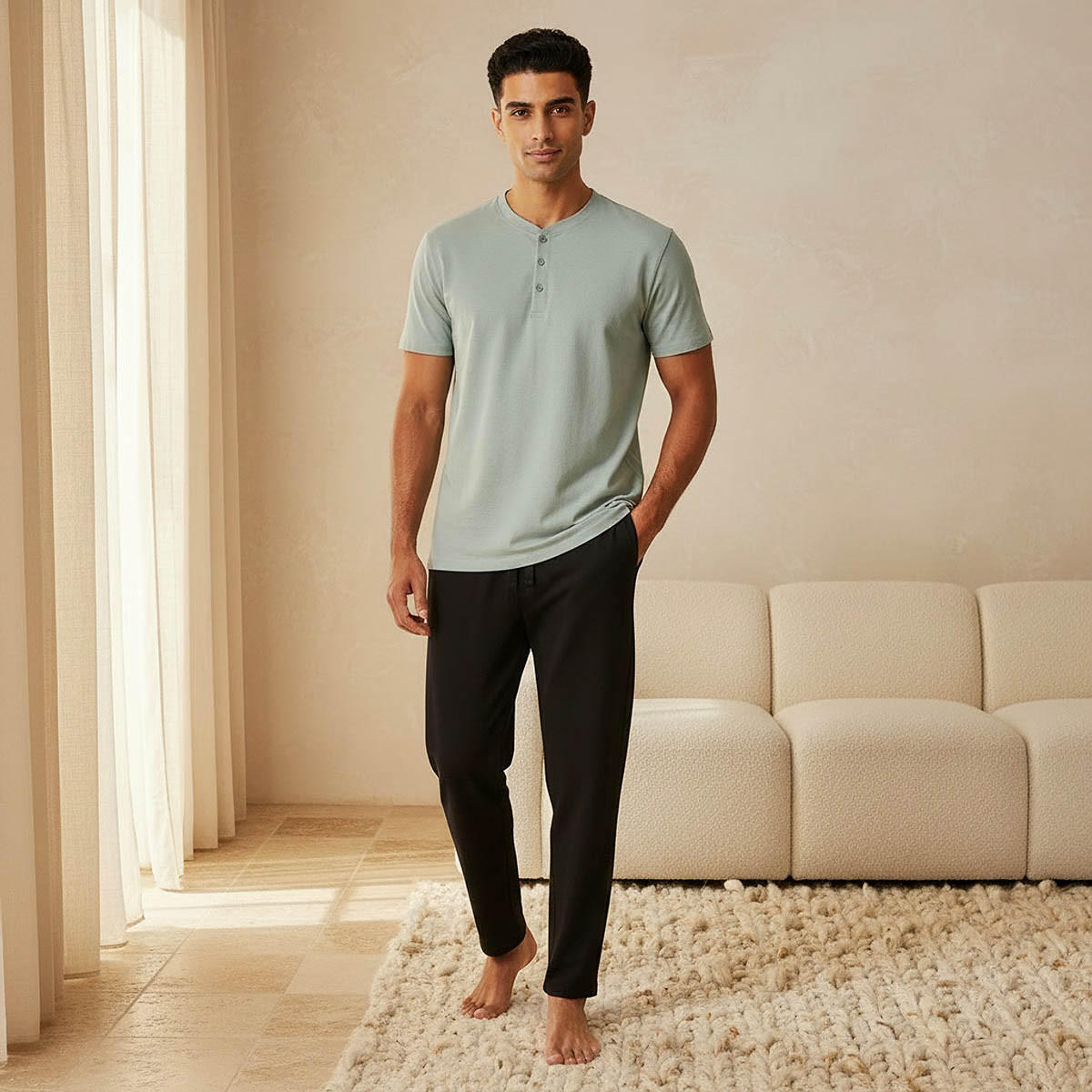 طقم بيجاما رجالي بياقة هنلي-men-clothing-nightwear-sets-image-1