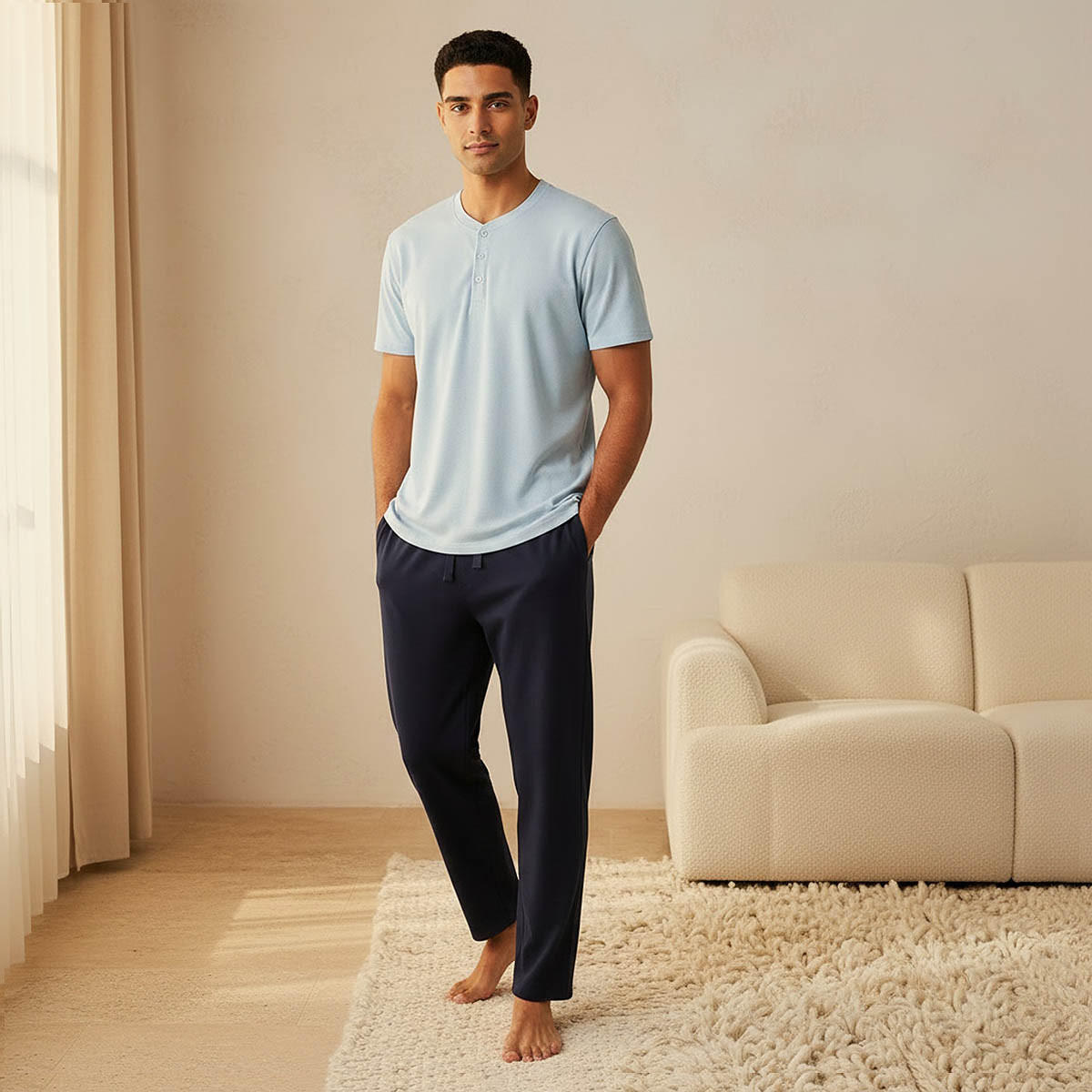 طقم بيجاما رجالي بارز الملمس بياقة هنلي-men-clothing-nightwear-sets-image-1