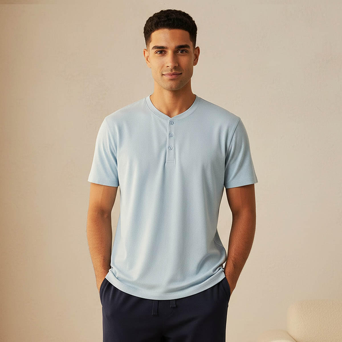 طقم بيجاما رجالي بارز الملمس بياقة هنلي-men-clothing-nightwear-sets-image-3