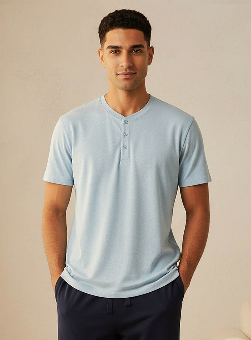 طقم بيجاما رجالي بارز الملمس بياقة هنلي-men-clothing-nightwear-sets-image-3
